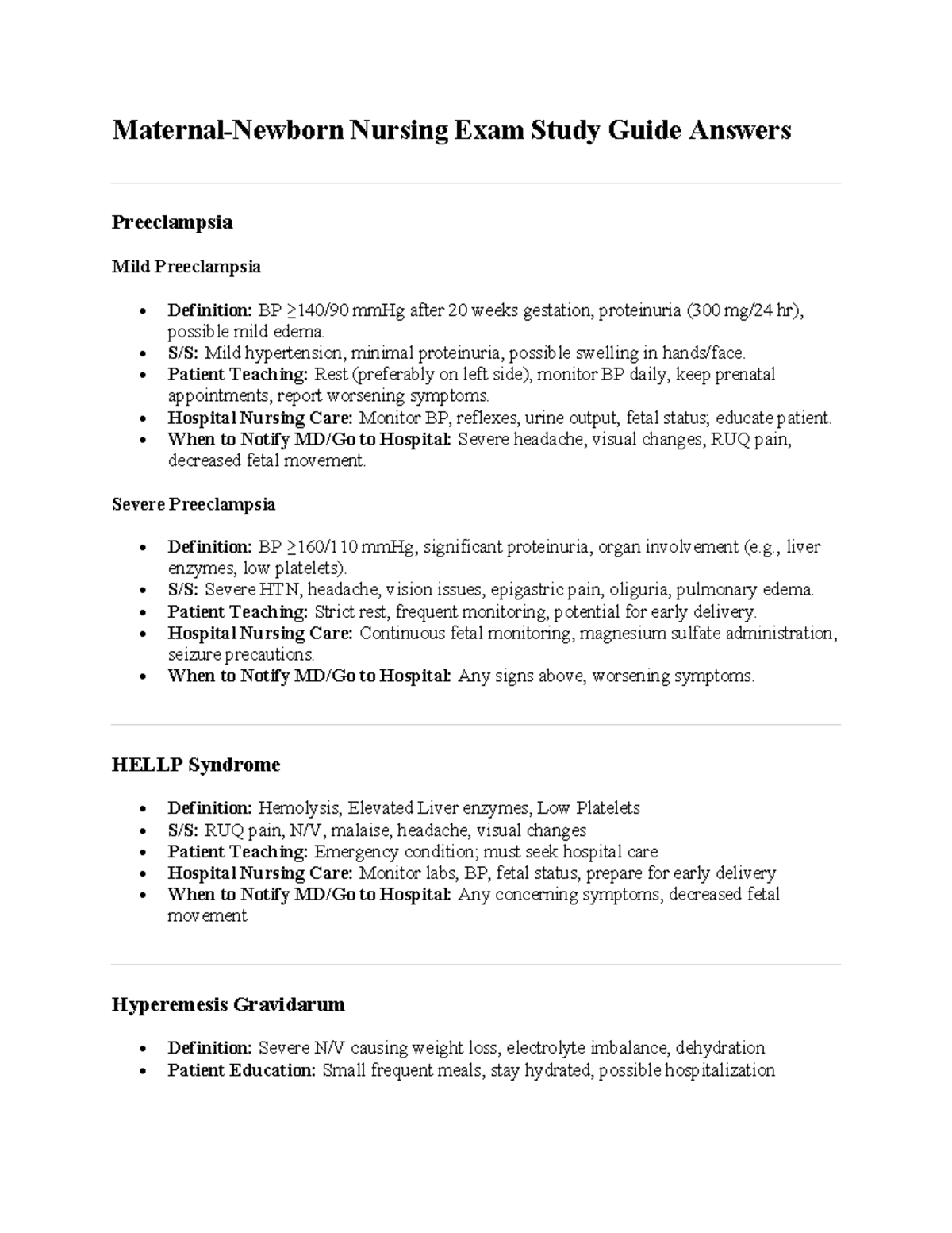 Maternal Exam 1 Study Guide: Key Concepts on Preeclampsia and More ...