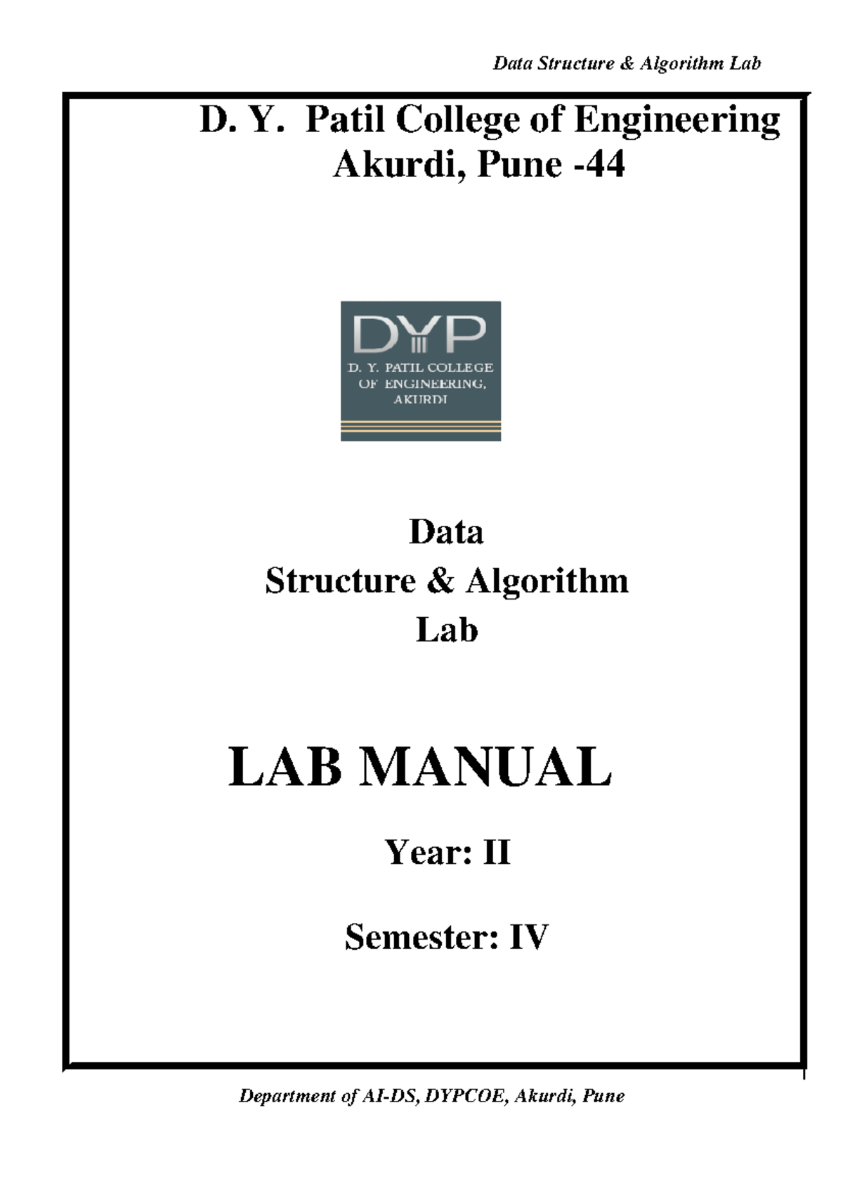 Data Structure Algorithm Lab Manual AD124PC302 - Year II Sem IV - Studocu