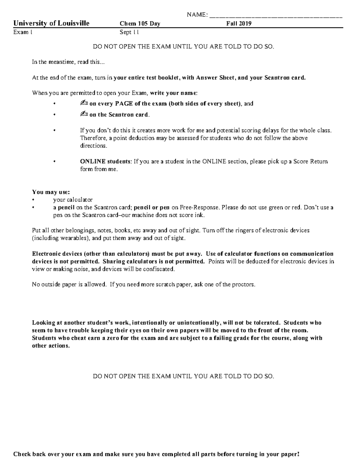 Chem 105 Fall 2019 Final Exam #1 Instructions and Guidelines - Studocu