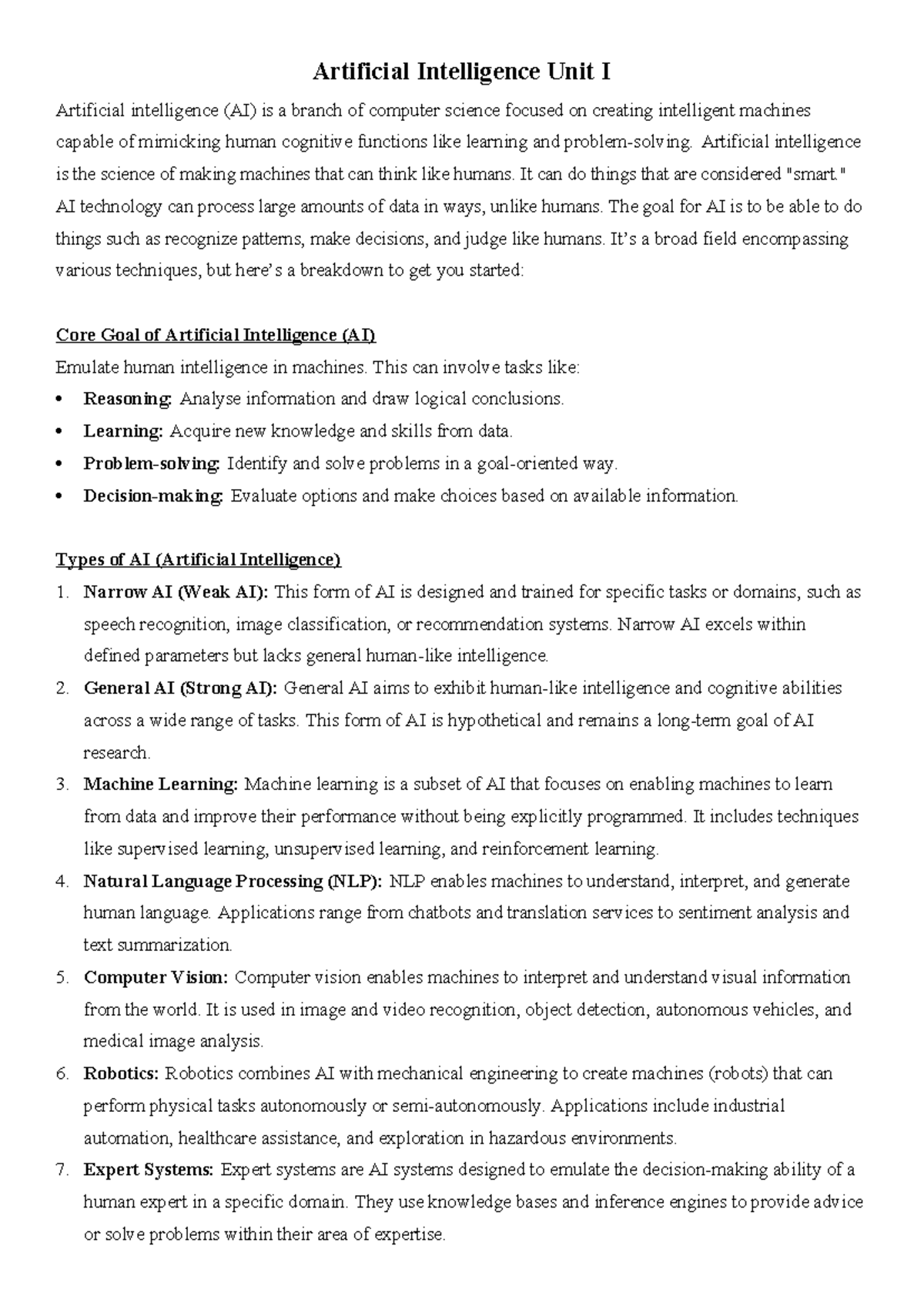 AI UNIT-I - this is the notes of first unit of AI - Artificial ...
