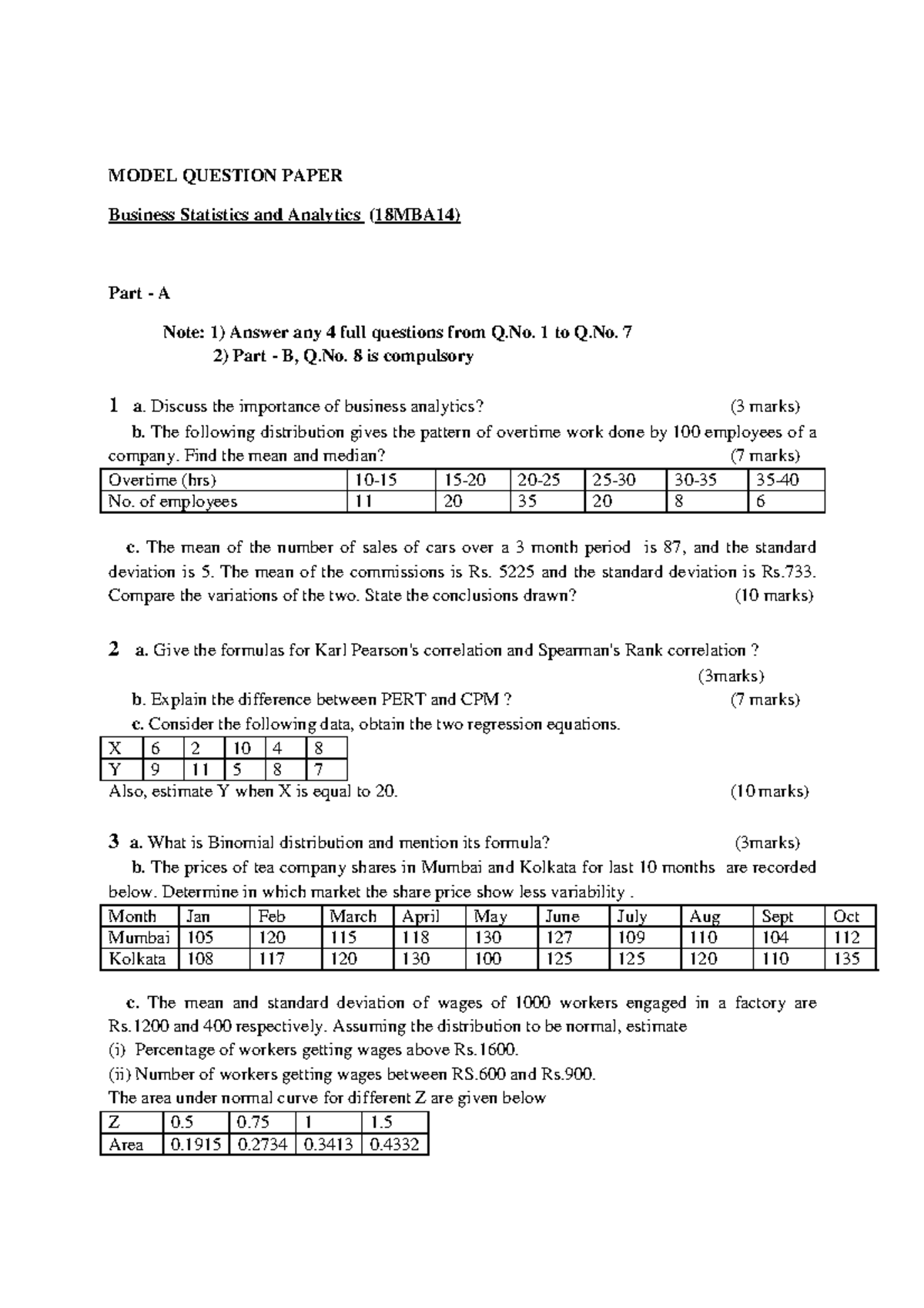 Business Statistics & Analytics Model Question Paper (18MBA14) - Studocu
