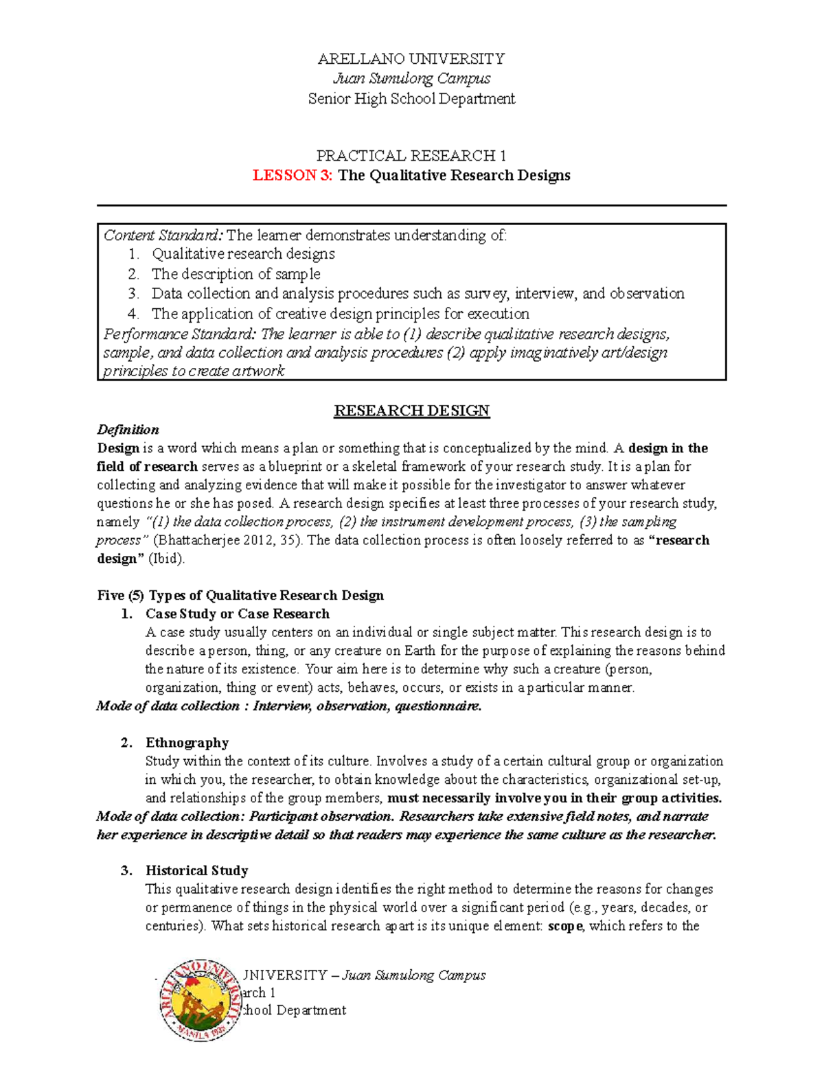 ARELLANO UNIVERSITY PR1 L3: Understanding Qualitative Research Designs ...