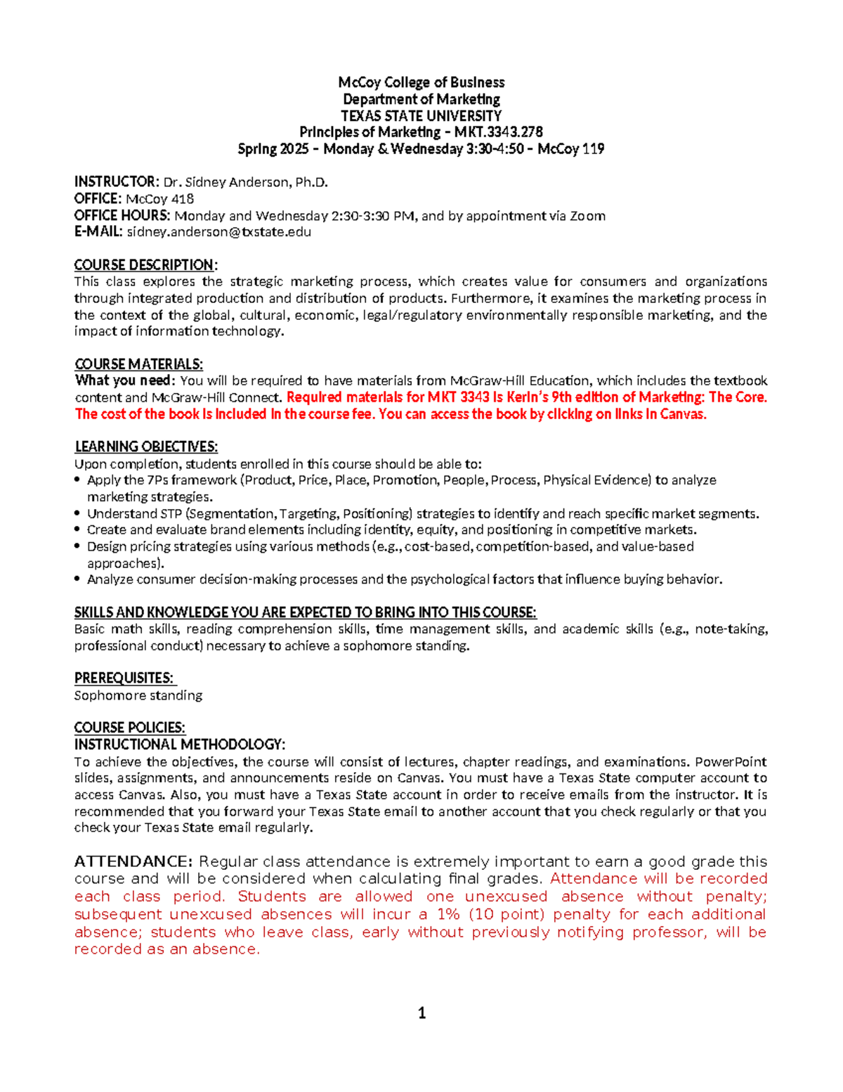 MKT 3343 Spring 2025 Principles of Marketing Updated Syllabus - Studocu