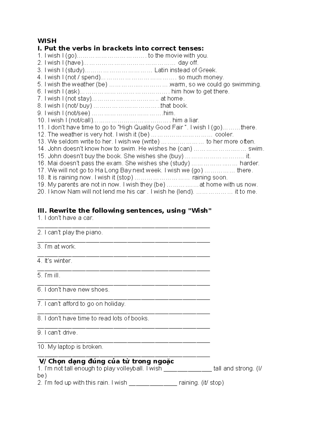 WISH Exercises for LỚP 9 - Intermediate Level - Studocu