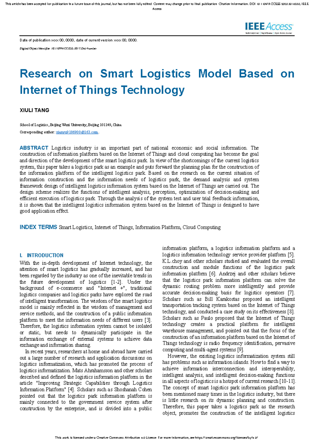 Research on Smart Logistics Model Based on IoT Technology: Insights and ...