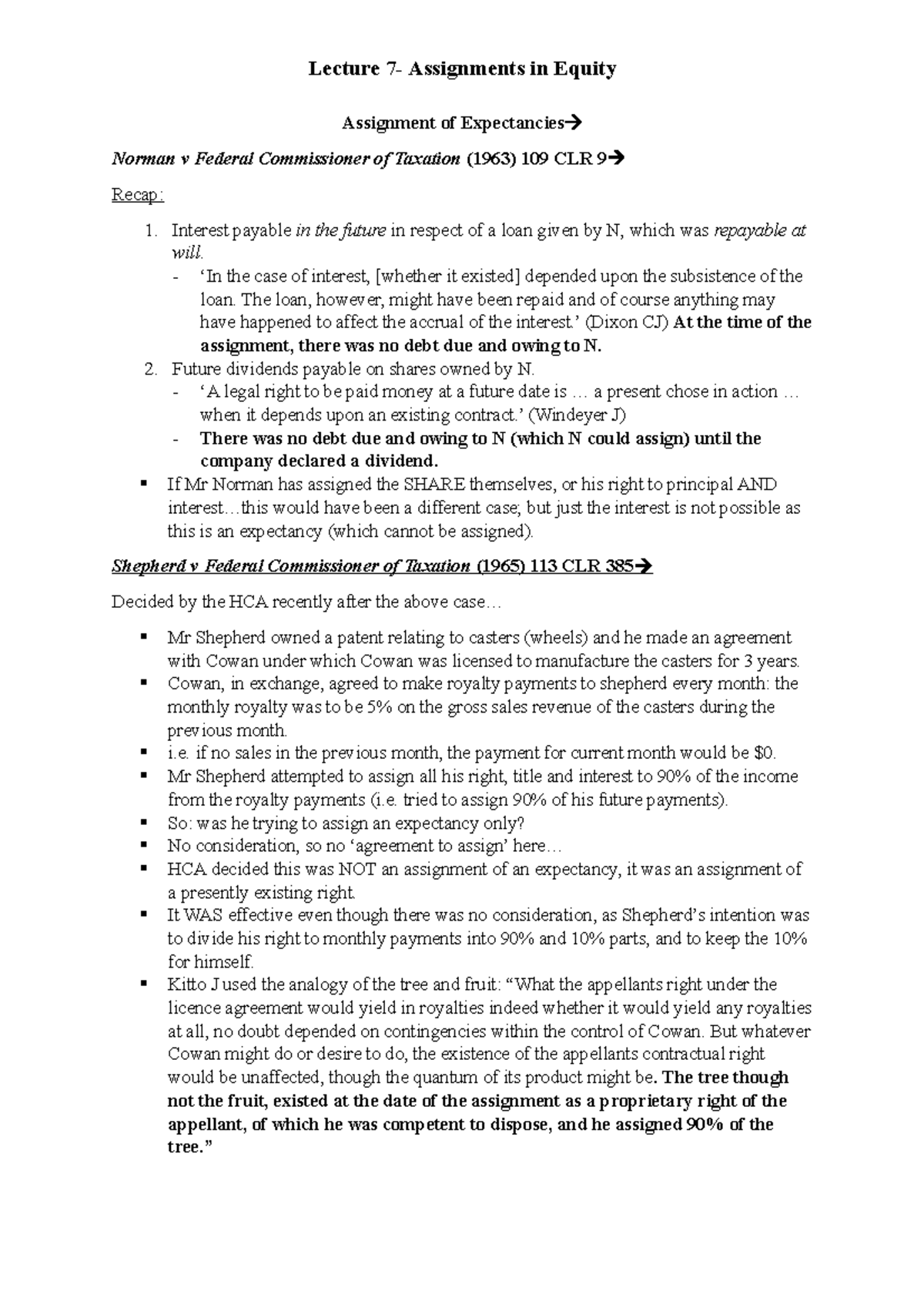 Lecture 7: Key Cases on Assignments in Equity (Norman & Shepherd) - Studocu