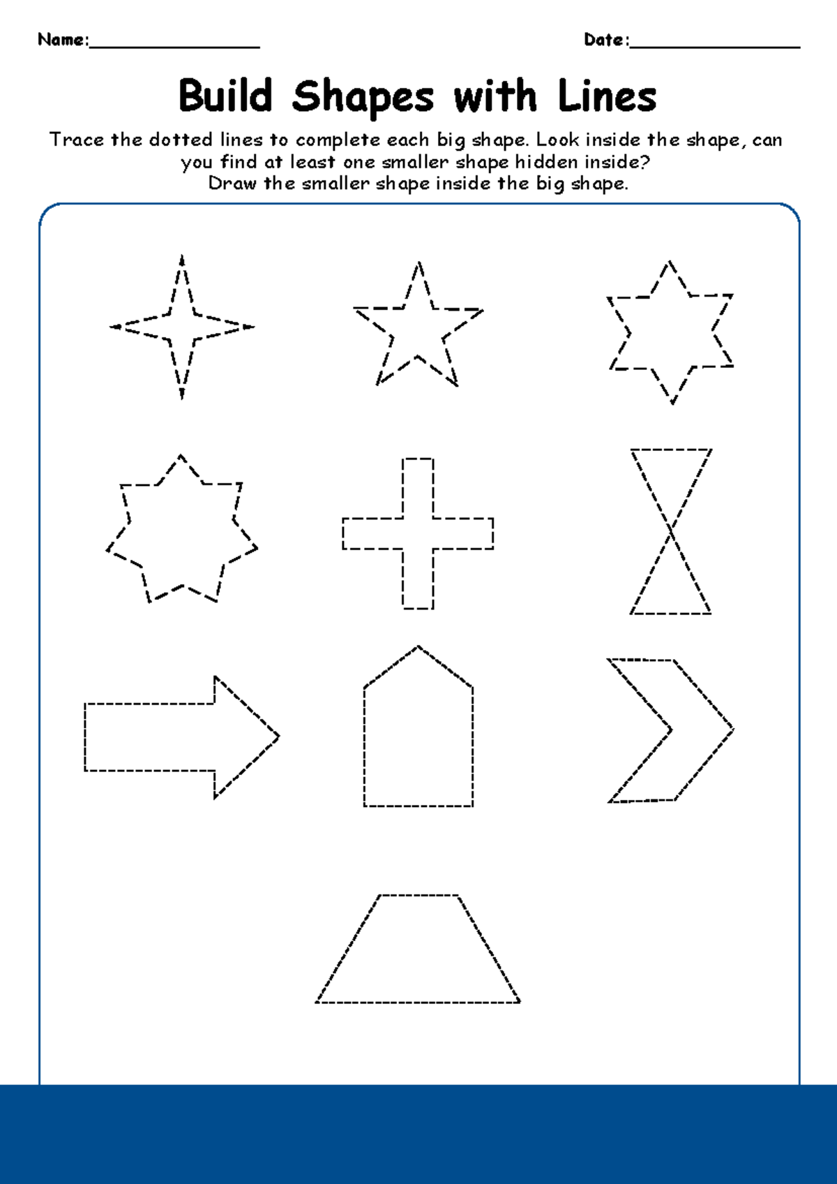 Build Shapes with Lines - Kindergarten Worksheet - Trace the dotted ...