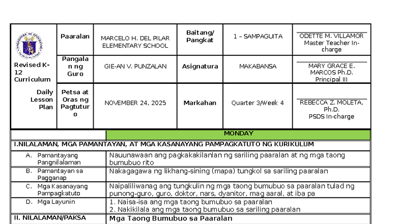 DLP Q3 W3 D1 Makabansa - Revised K- 12 Curriculum Daily Lesson Plan ...