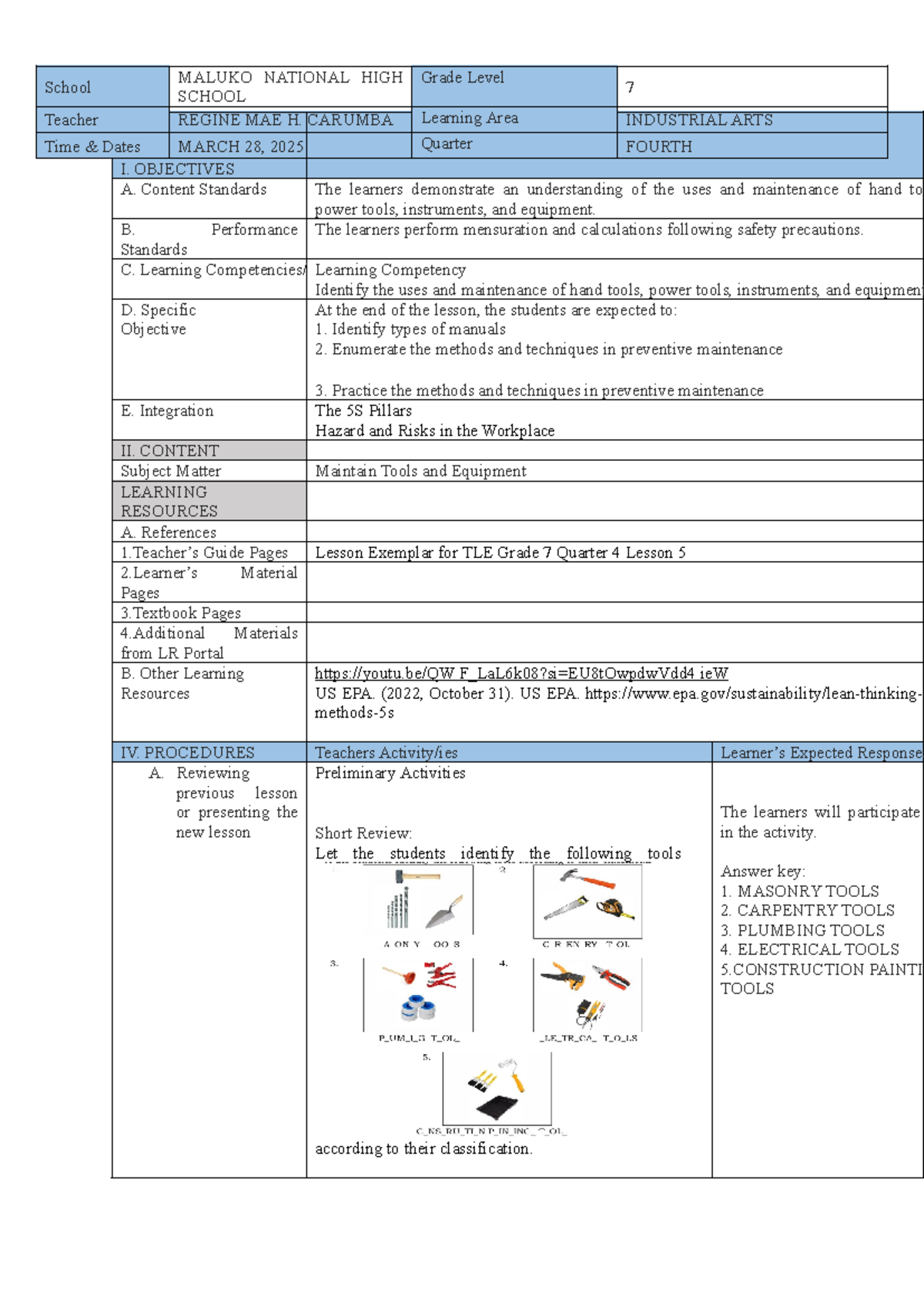 CO4 Q4 G7 - Lesson Plan on Hand Tools Maintenance - Studocu
