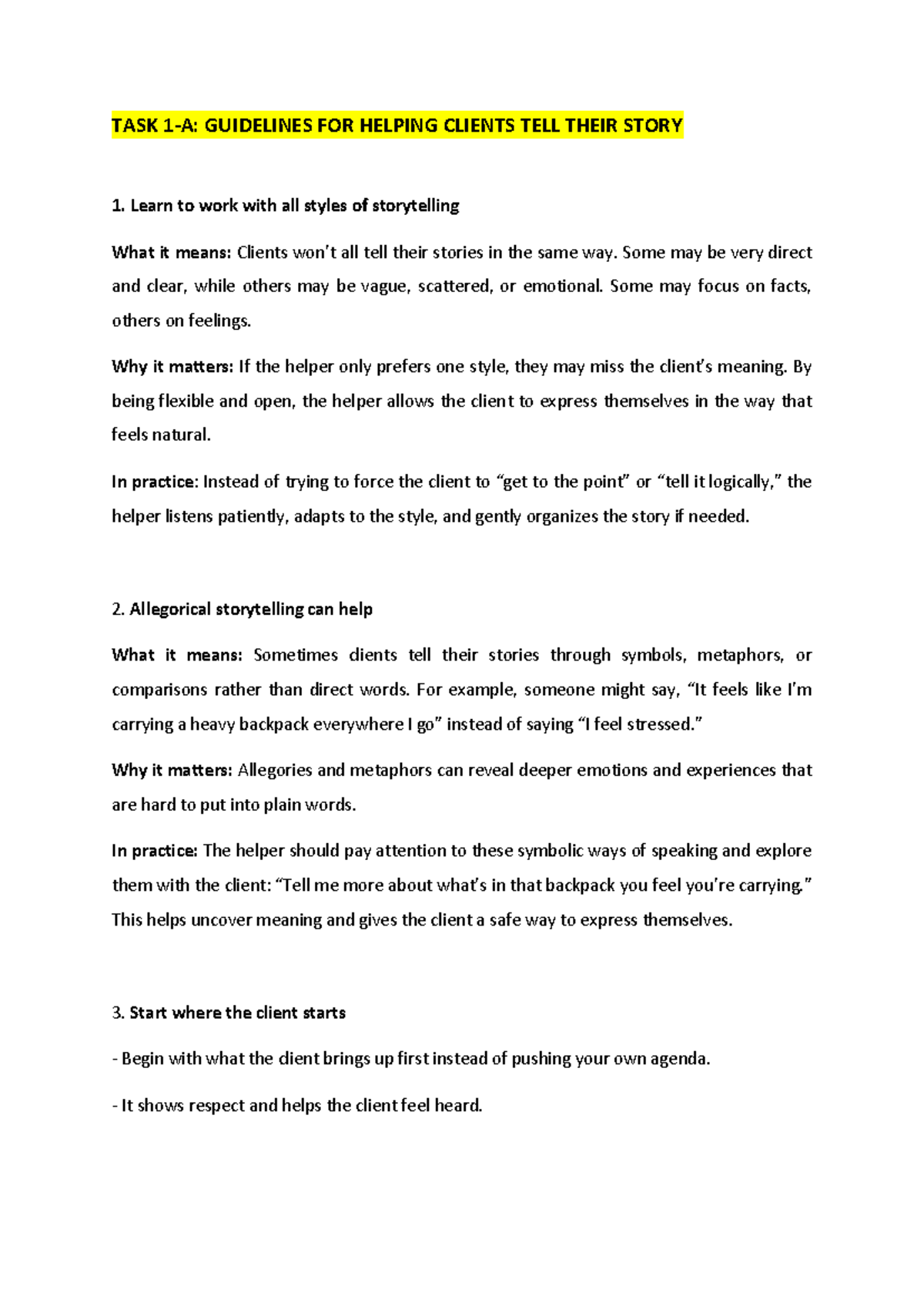 TASK GUIDELINES FOR HELPING CLIENTS TELL THEIR STORY - UNIT 3 ...