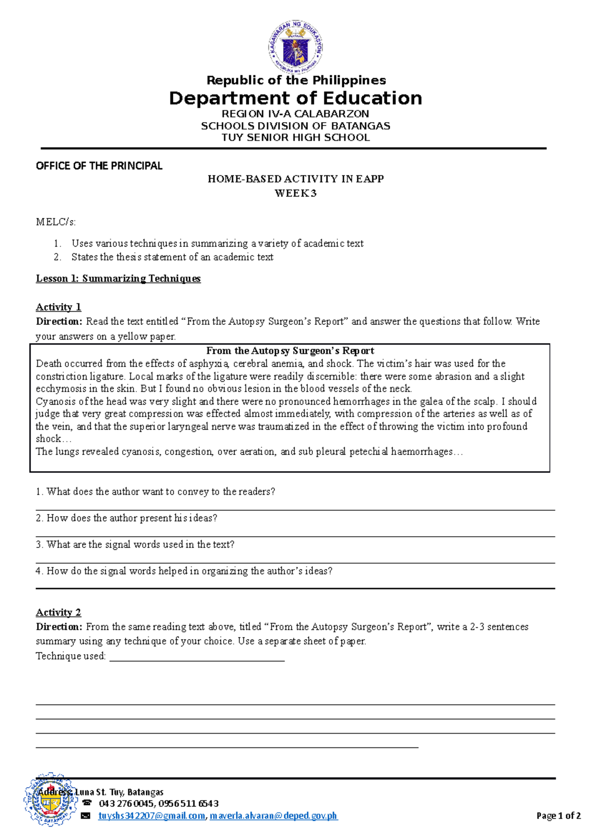 EAPP Home-Based Activity Week 3: Summarizing & Thesis Techniques - Studocu