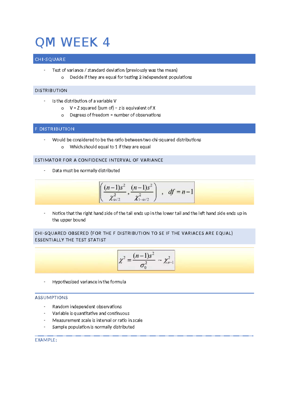 QM WEEK 4 Lecture & Tutorial Notes on Variance Testing - Studocu