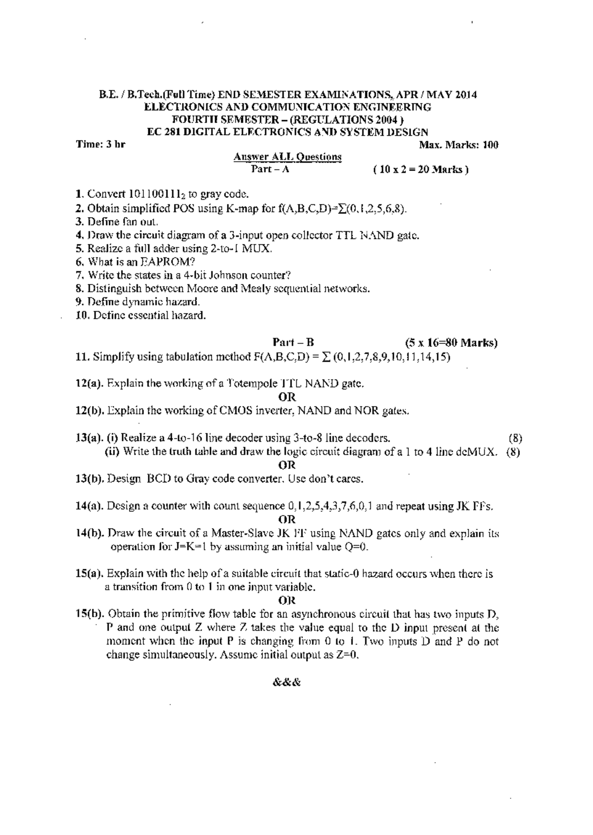 EC 281 Digital Electronics & System Design Exam Qn Bank (Apr-May 2014 ...