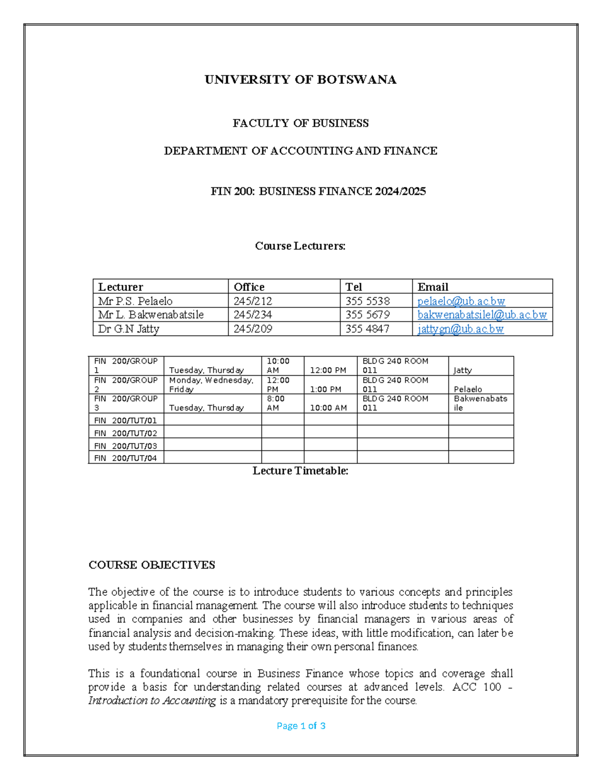 FIN 200 - Business Finance Course Outline 2024-2025 - Studocu