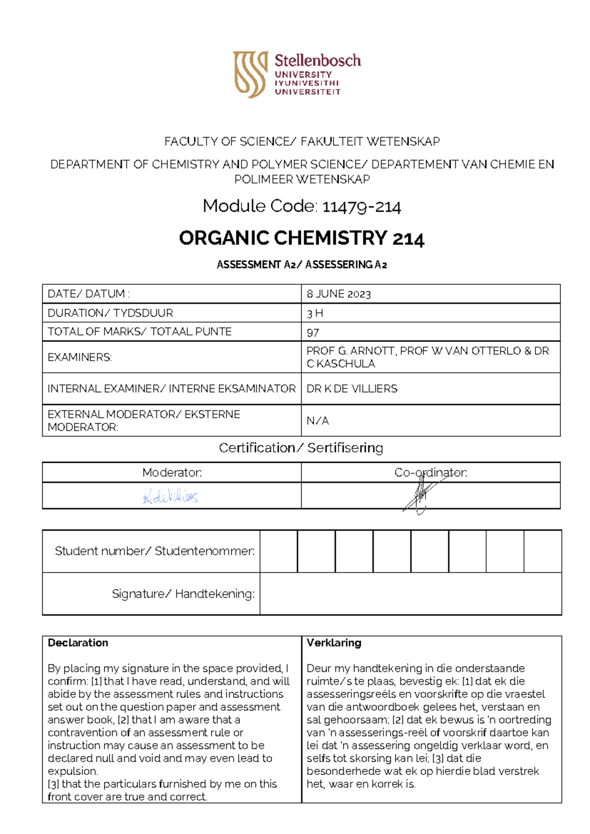 CHEM 214 2023 Organic Chemistry Final Exam Assessment A2 - Studocu