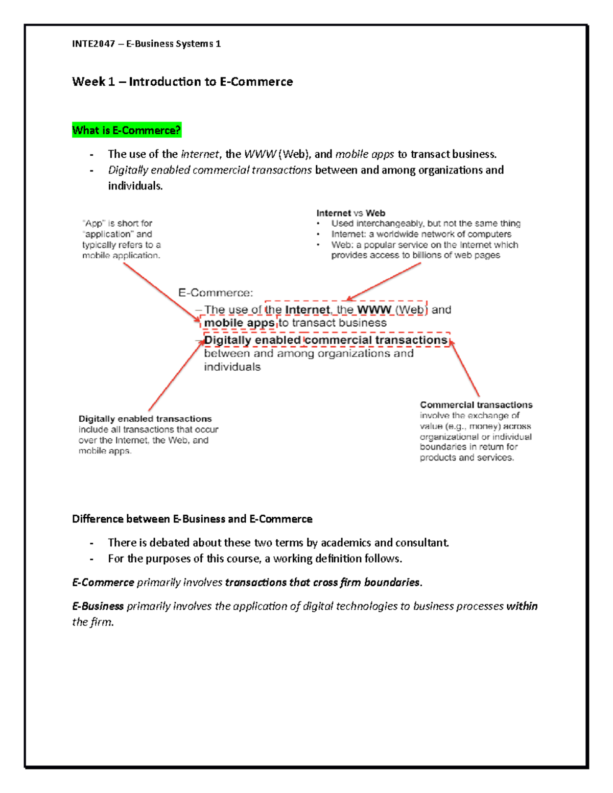 Week 1 - Lecture Notes - Week 1 – Introduction to E-Commerce What is E ...