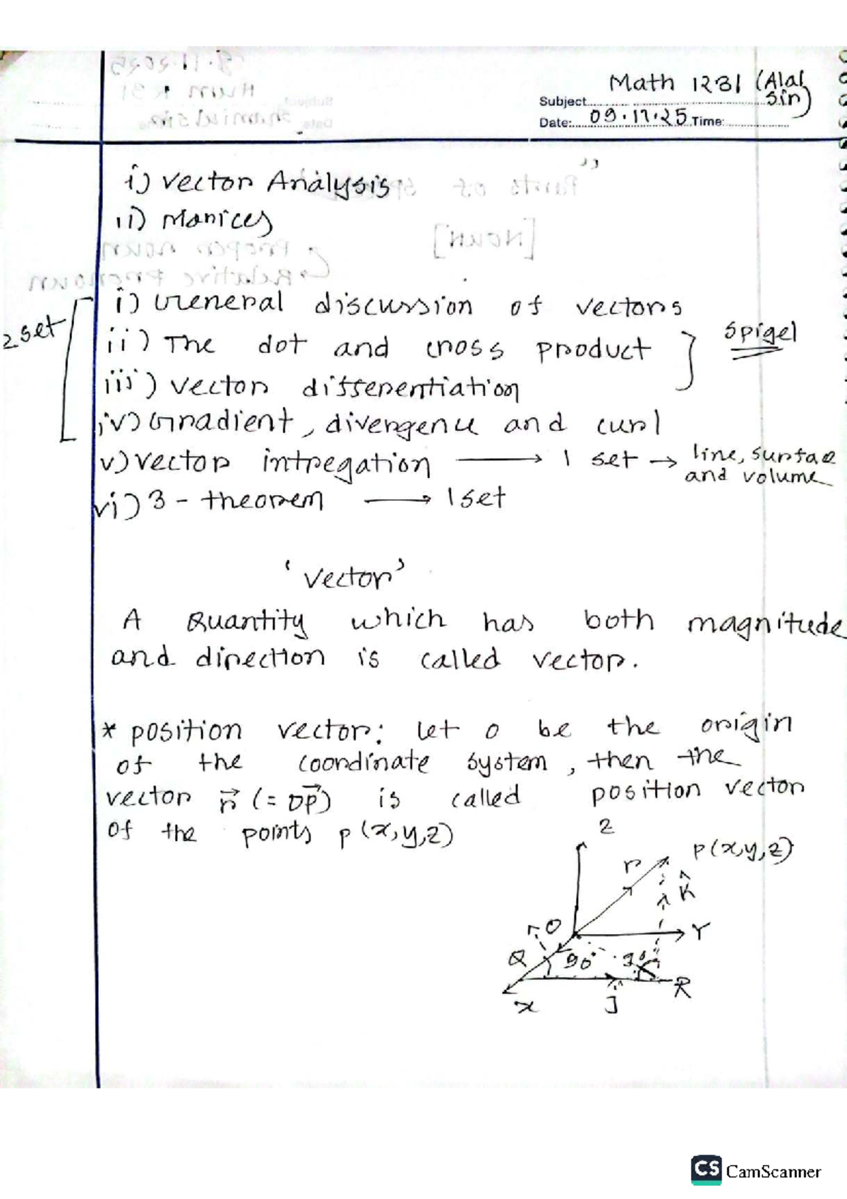 Math 1231: Vector Analysis Study Notes for Exams - Studocu
