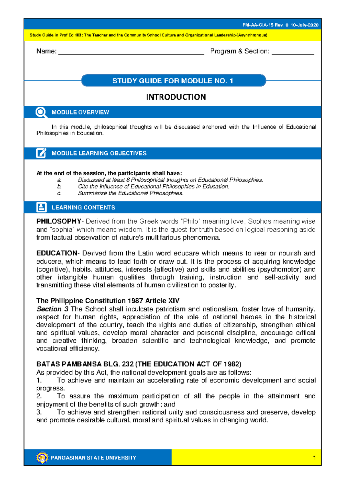 Prof Ed 103: Module 1 Study Guide on Educational Philosophies - Studocu