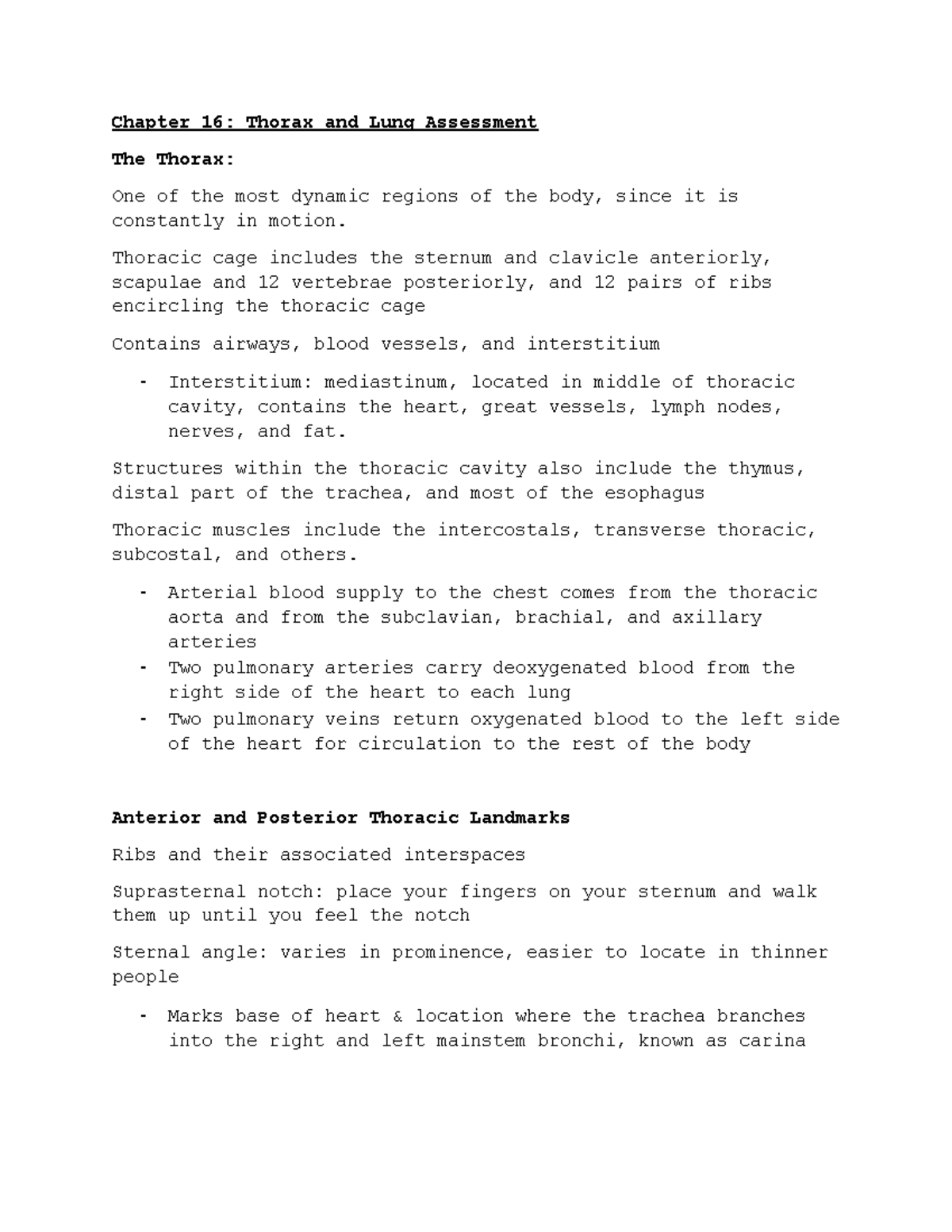 Chapter 16 Textbook Notes - Chapter 16: Thorax and Lung Assessment The ...
