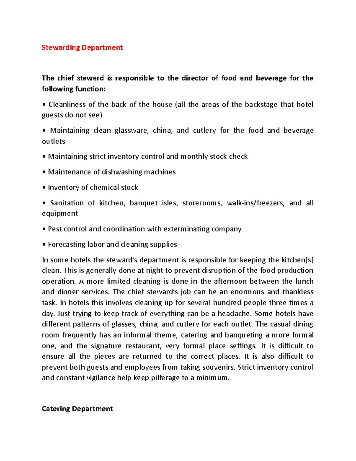 Title: Stewarding & Catering Operations in Hospitality Management ...