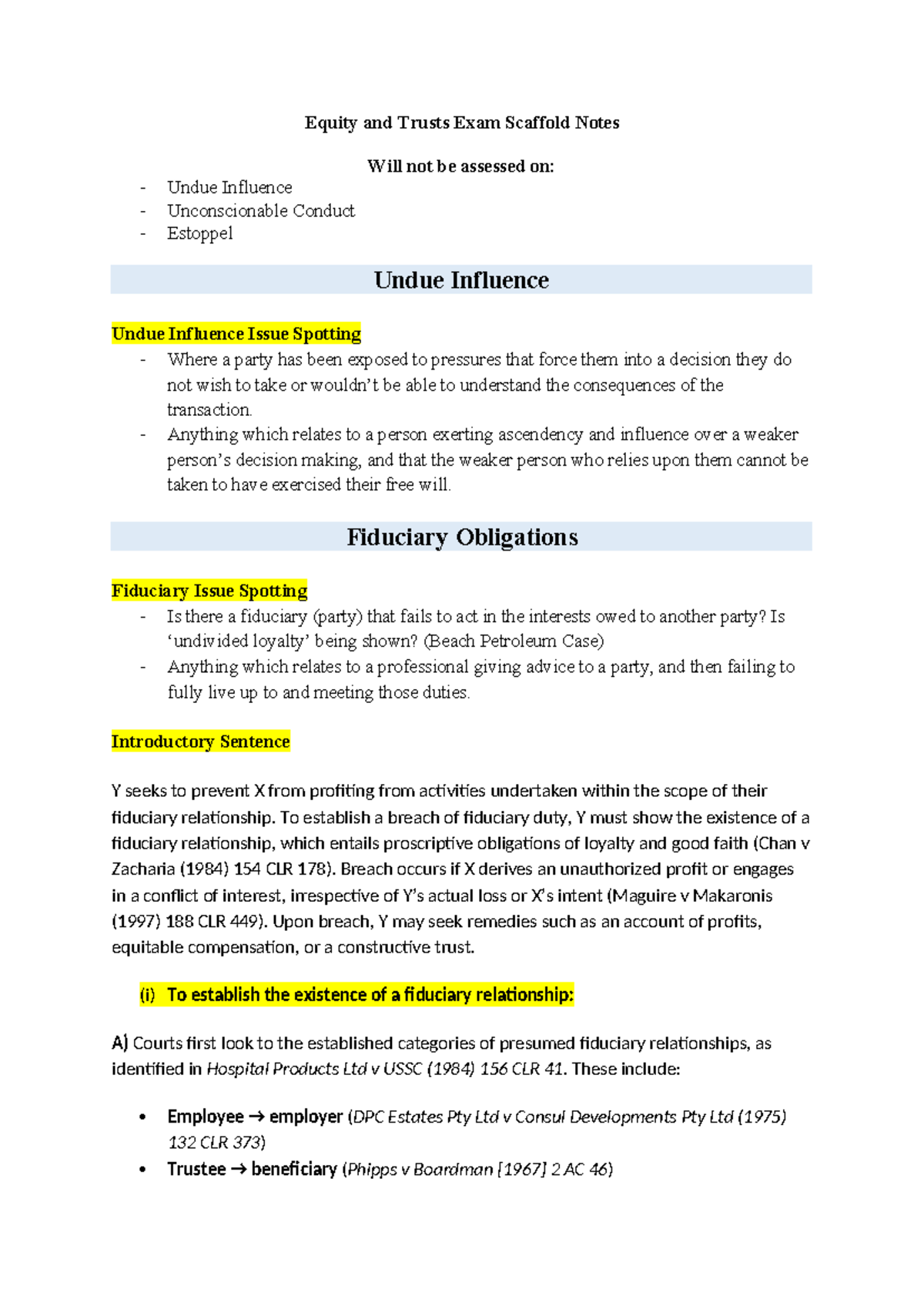 Equity and Trusts Exam Notes: Undue Influence & Fiduciary Duties - Studocu