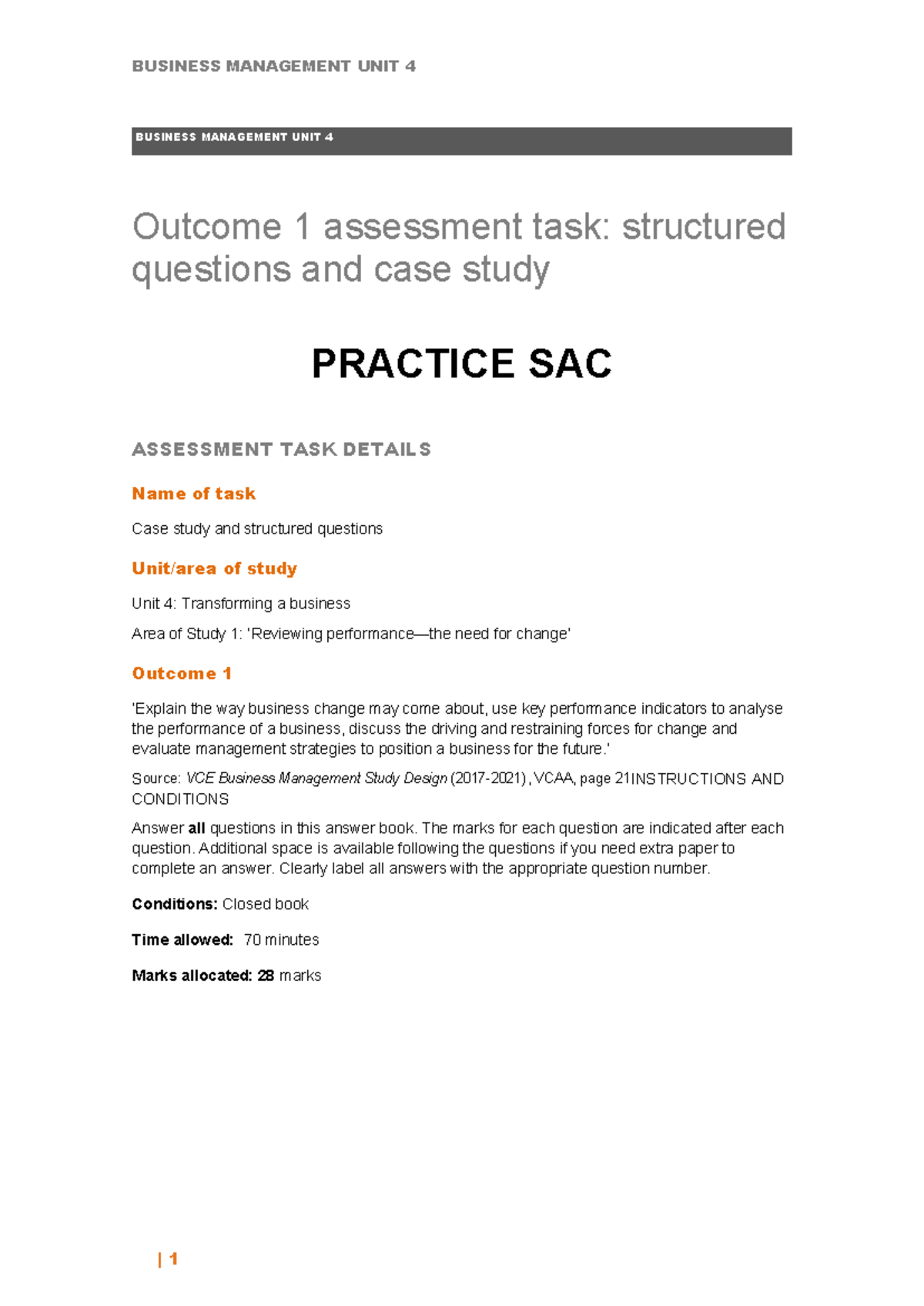BUSINESS MANAGEMENT UNIT 4: Outcome 1 Case Study & Structured Questions ...
