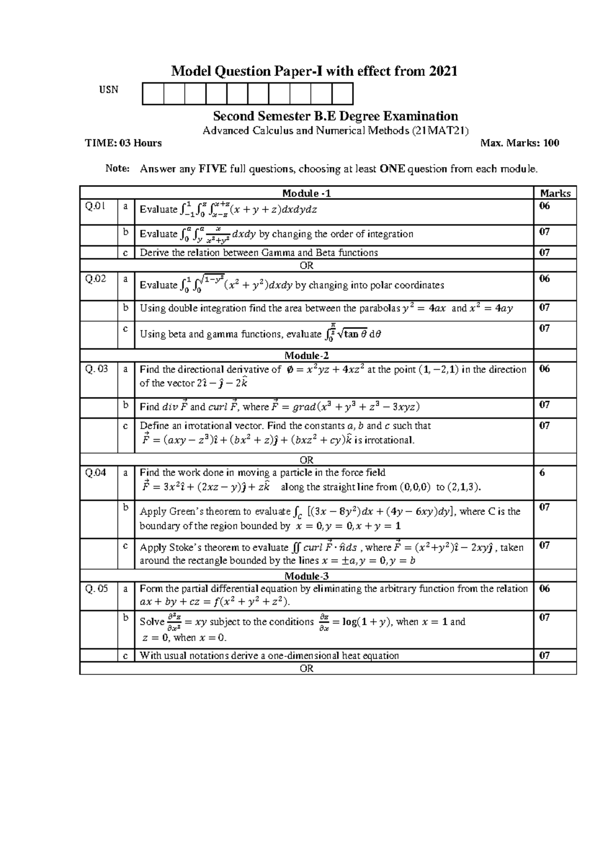 Model Question Paper for 21MAT21: Advanced Calculus & Numerical Methods ...