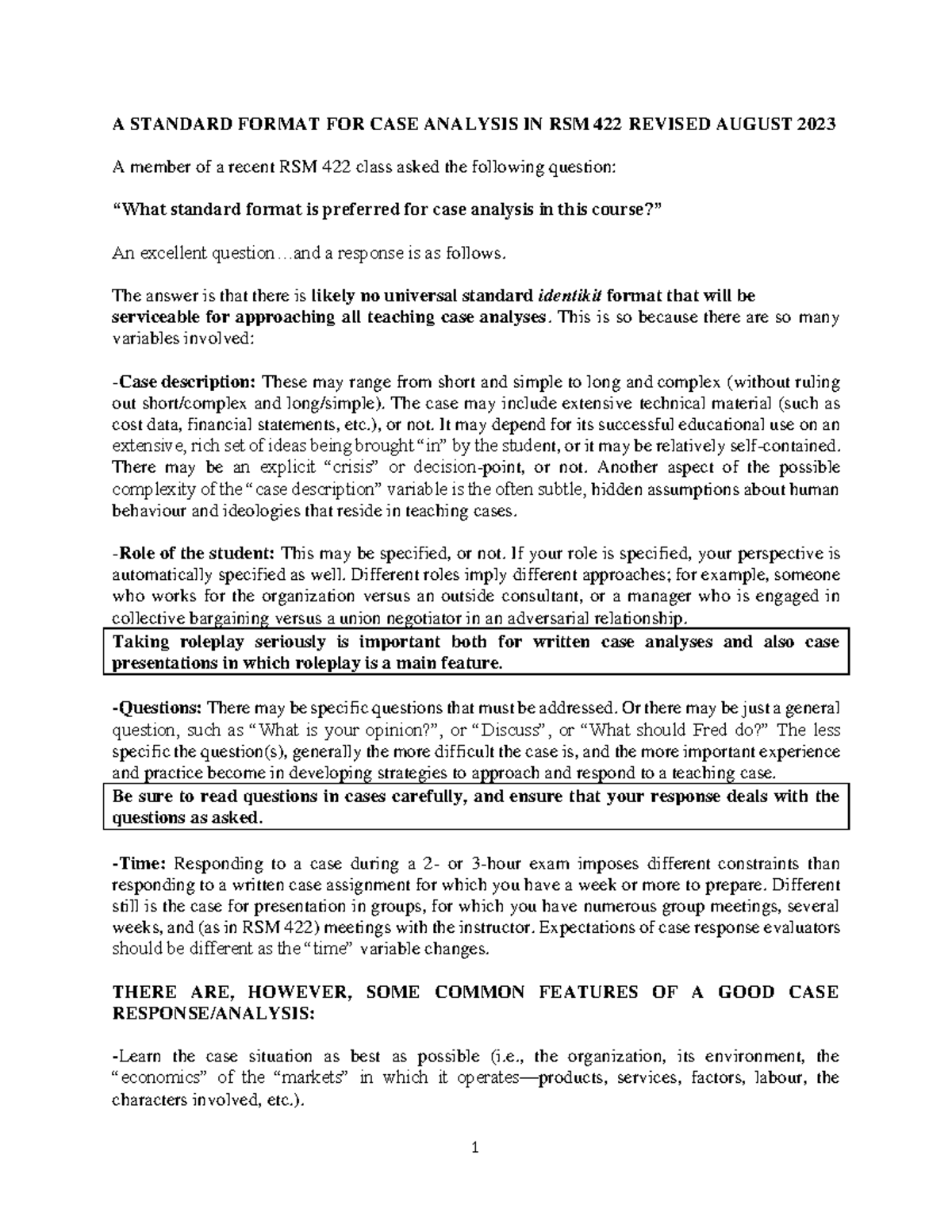 Standard Format for Case Analysis in RSM 422 - Revised 2023 - Studocu