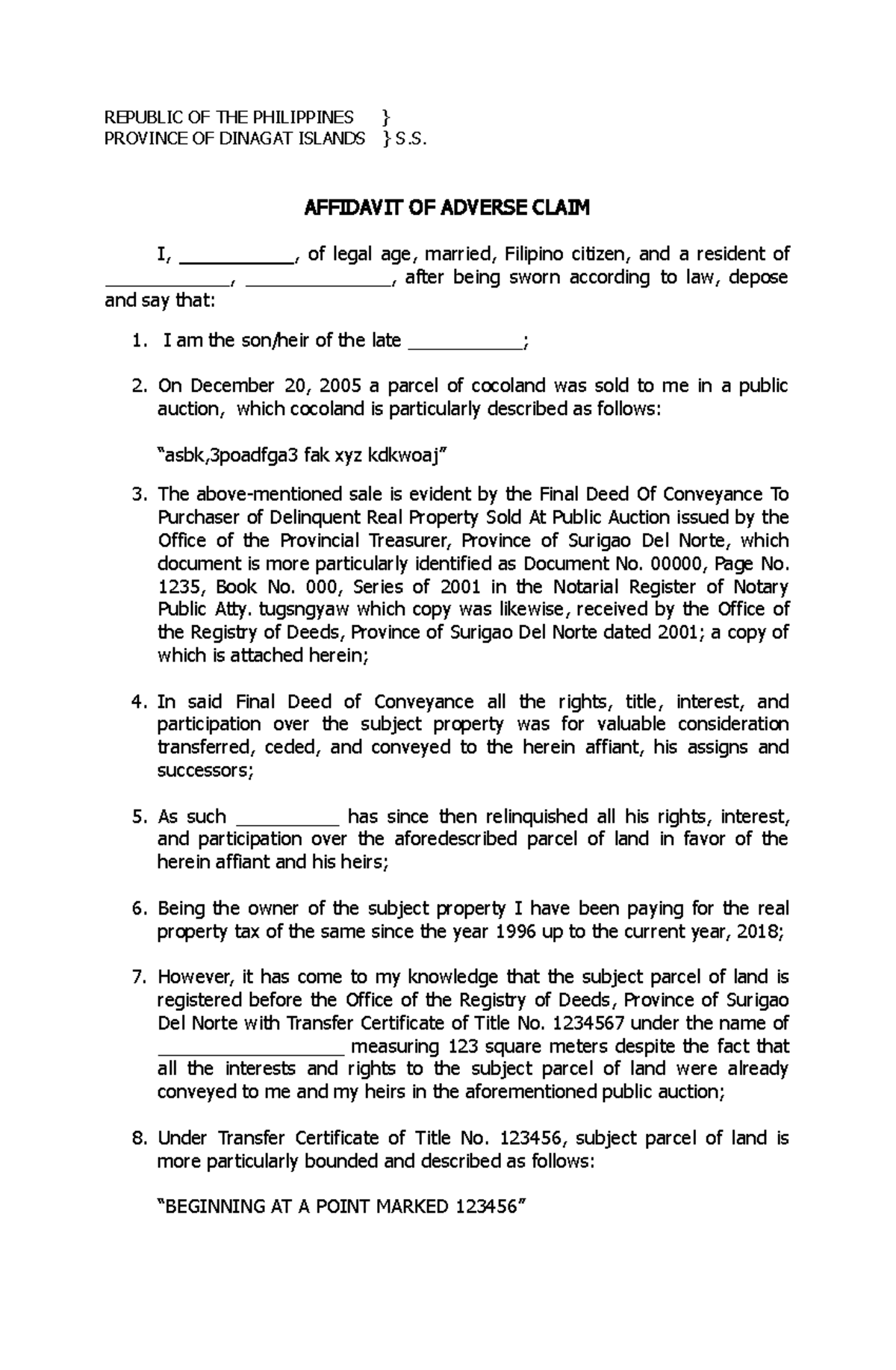 Affidavit of Adverse Claim for Real Property Documentation - Studocu