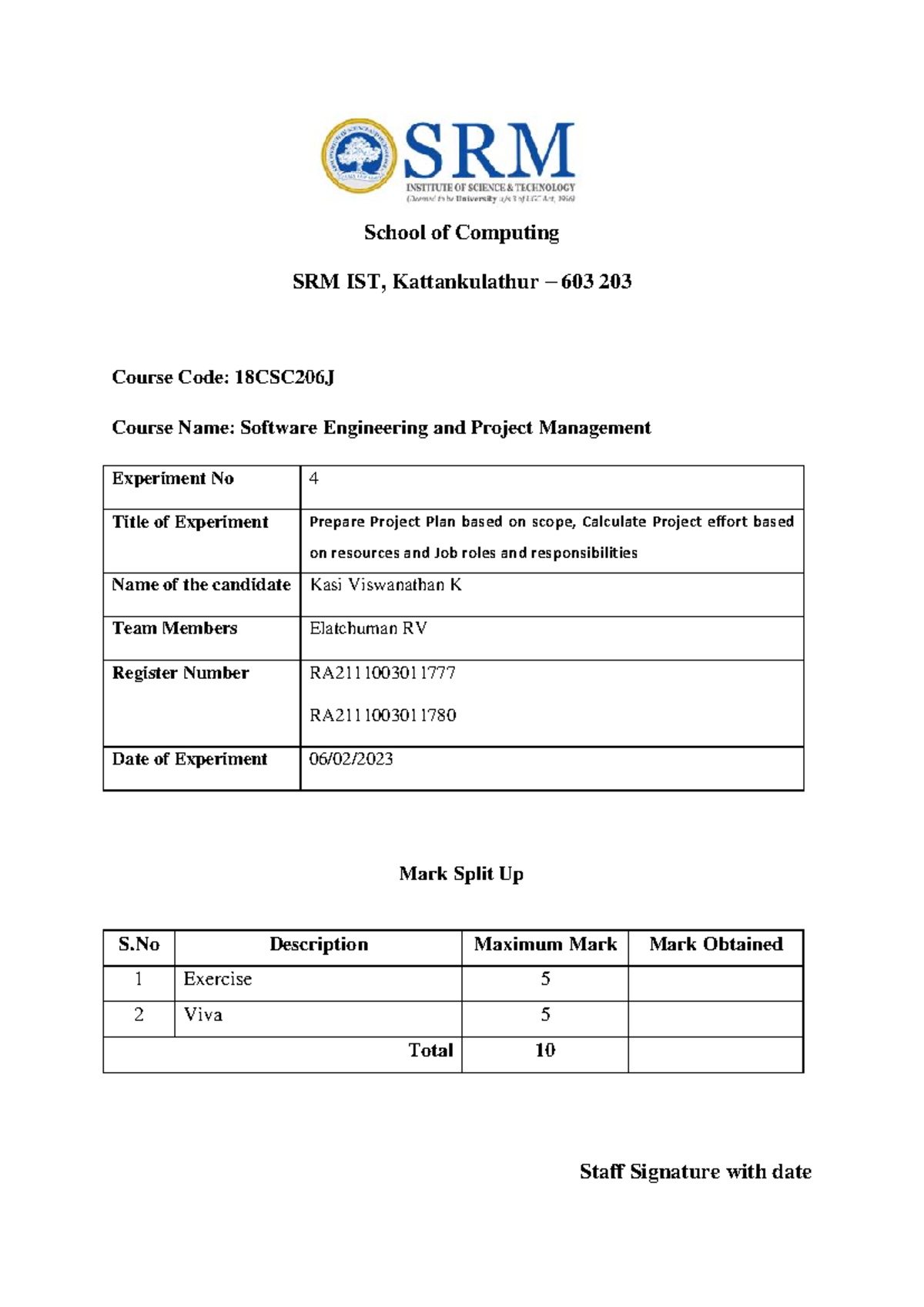 SEPM EXP 4 - Project Plan and Effort Calculation for Task Manager - Studocu