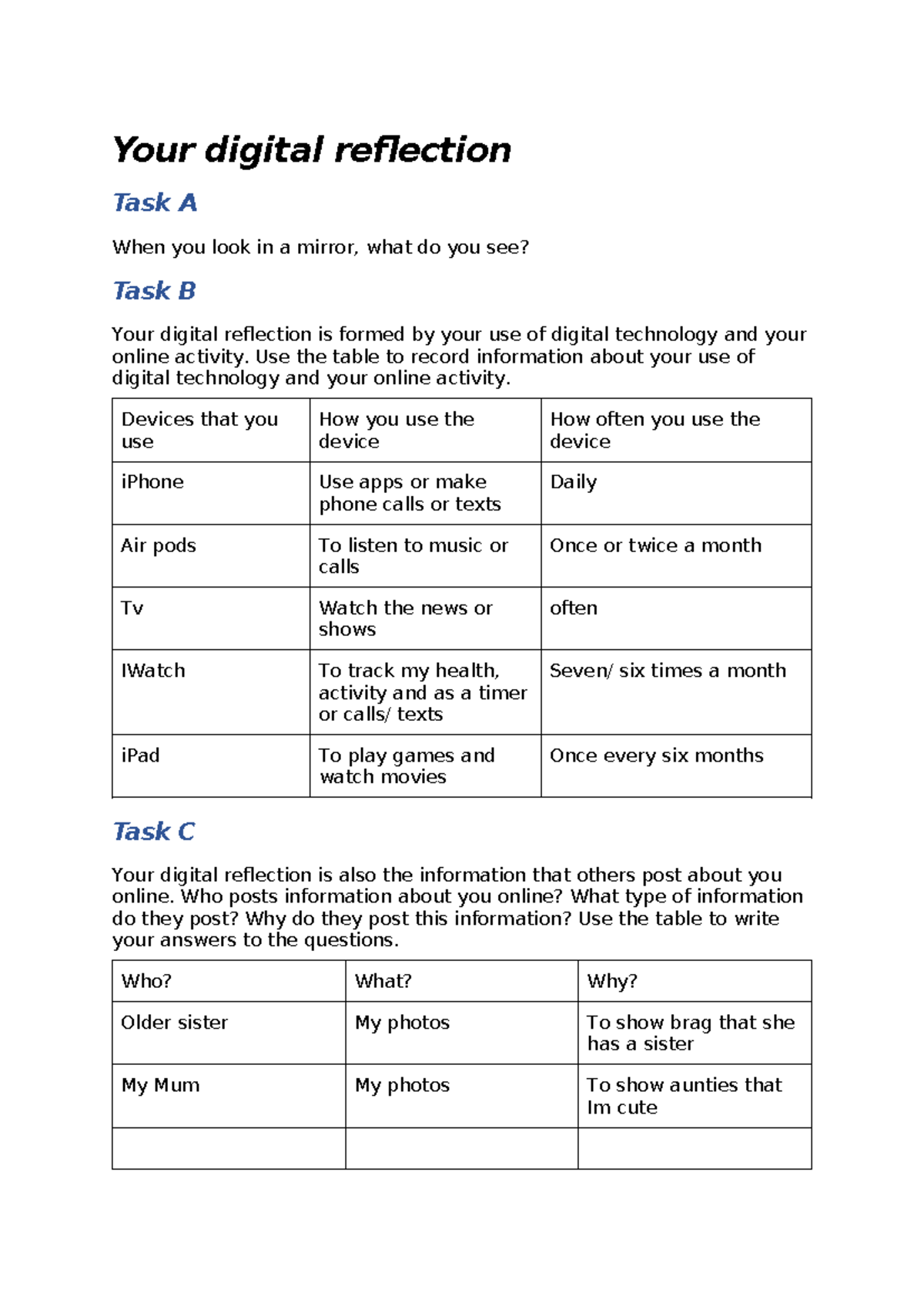 Activity 1 - Self Reflection on Digital Presence - Studocu