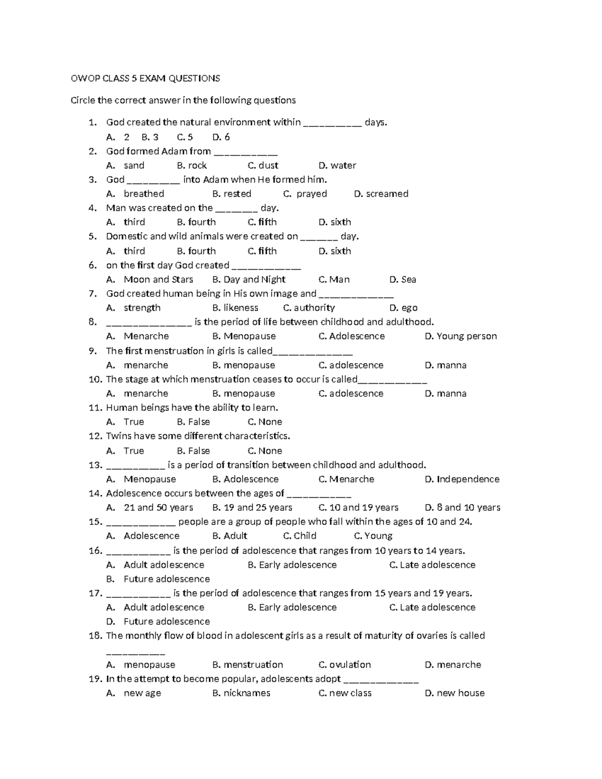 OWOP CLASS 5 FINAL EXAM QUESTIONS: Multiple Choice Format - Studocu