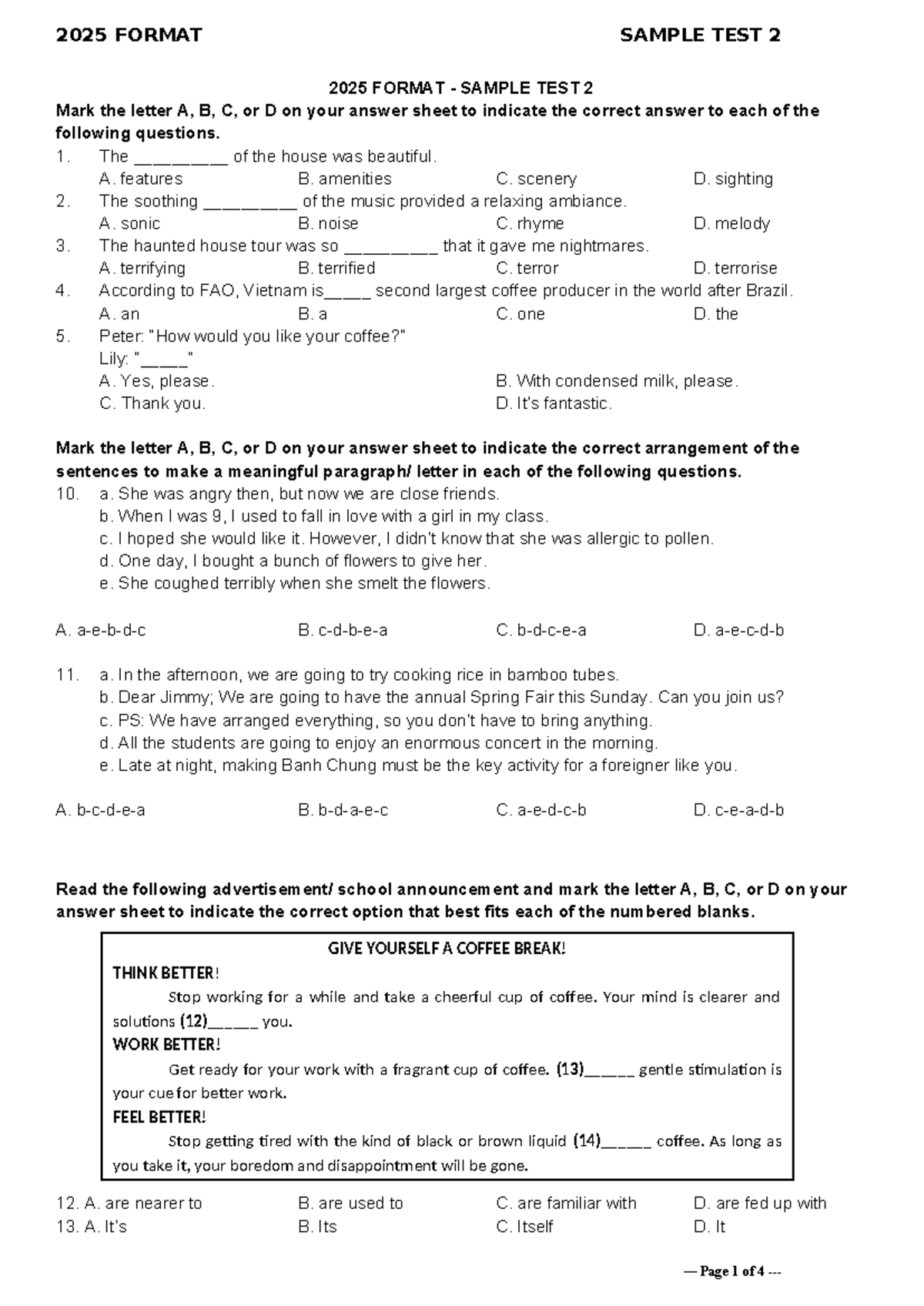 2025 FORMAT SAMPLE TEST 2 with Answers for English 11 - Studocu