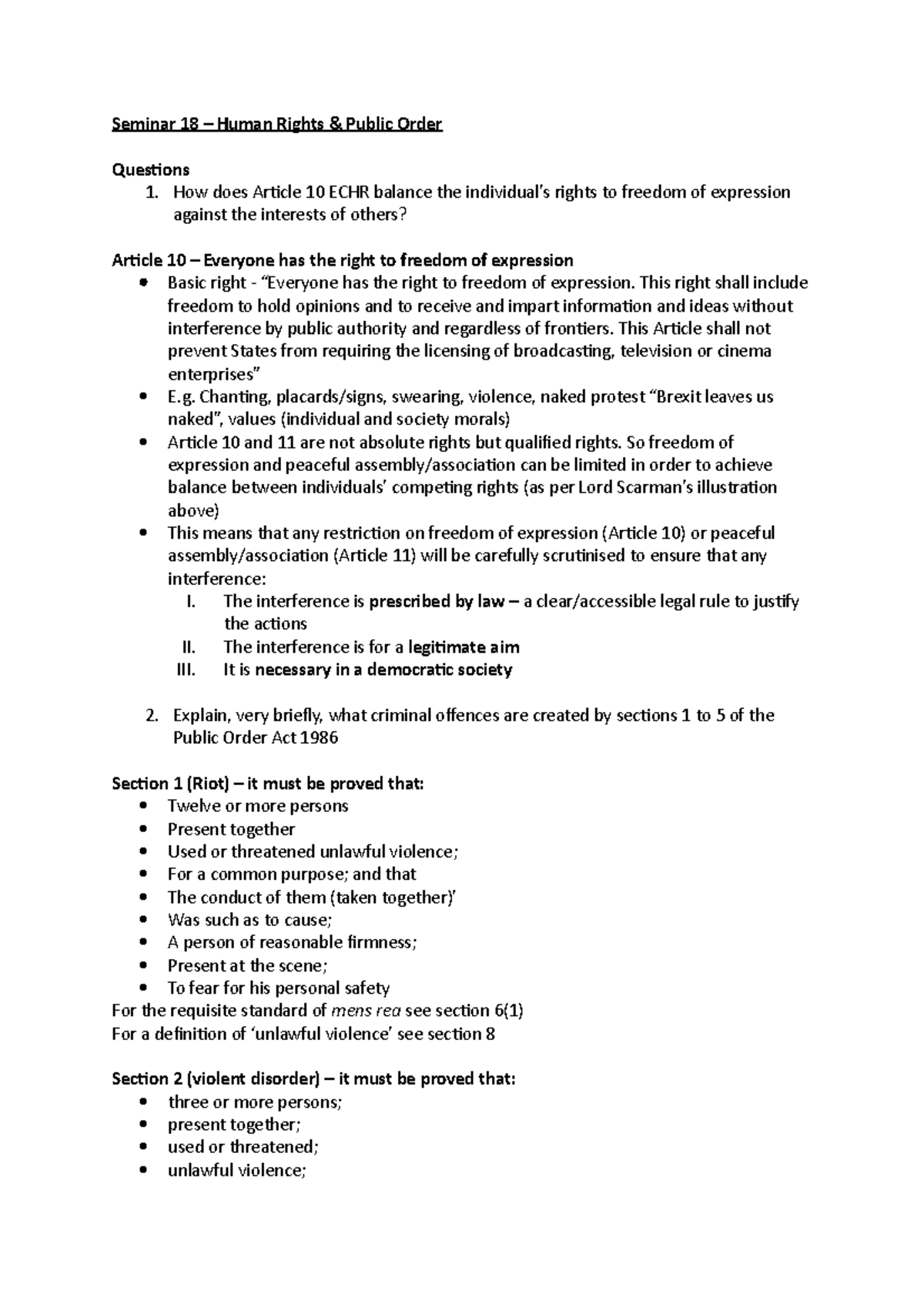 Seminar 18: Human Rights & Public Order - Article 10 ECHR Overview ...
