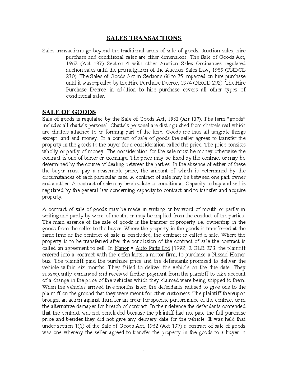 SALES TRANSACTIONS: An Essay on Sale of Goods & Hire Purchase (LAW 101 ...