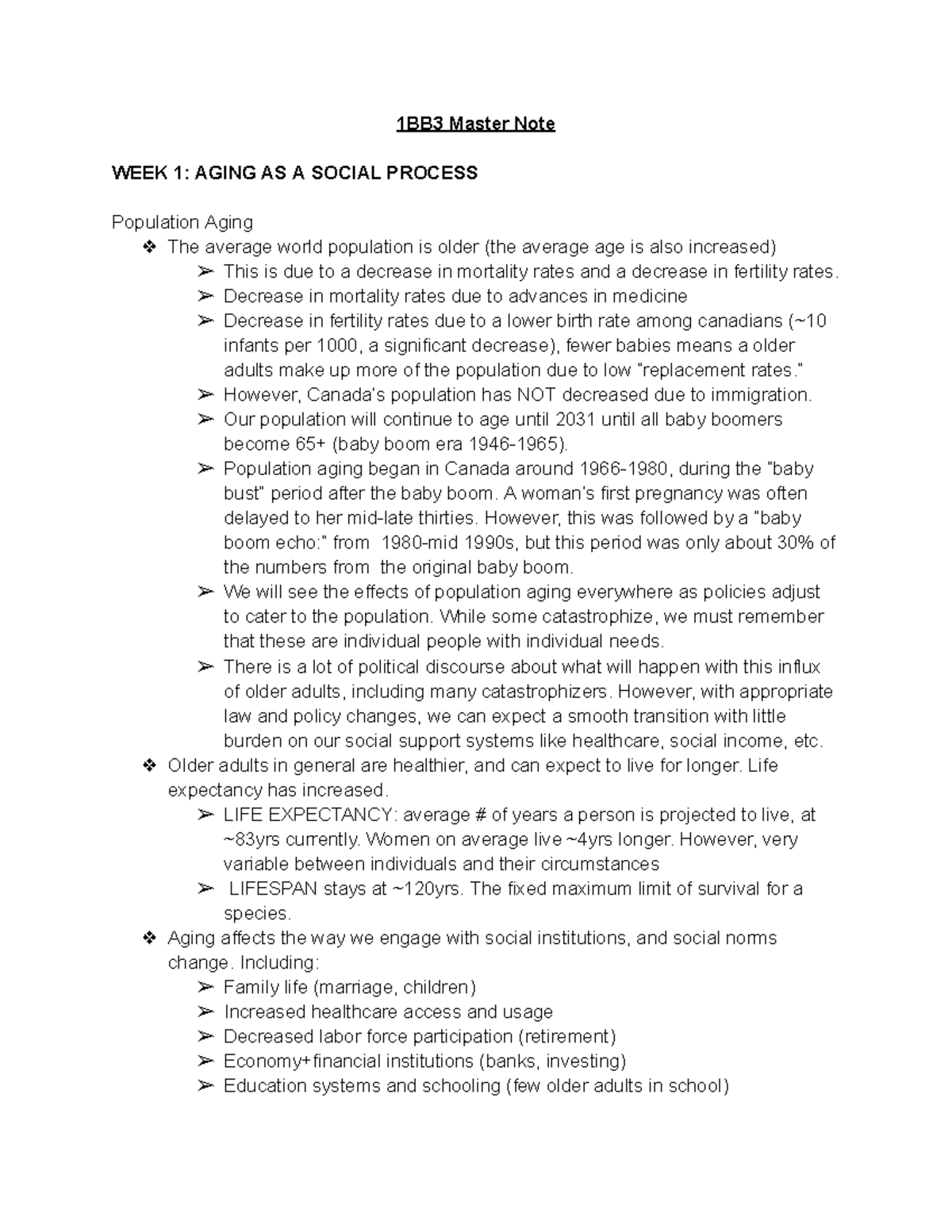 1BB3 Master Notes - Lecture 1 Summary on Aging as a Social Process ...