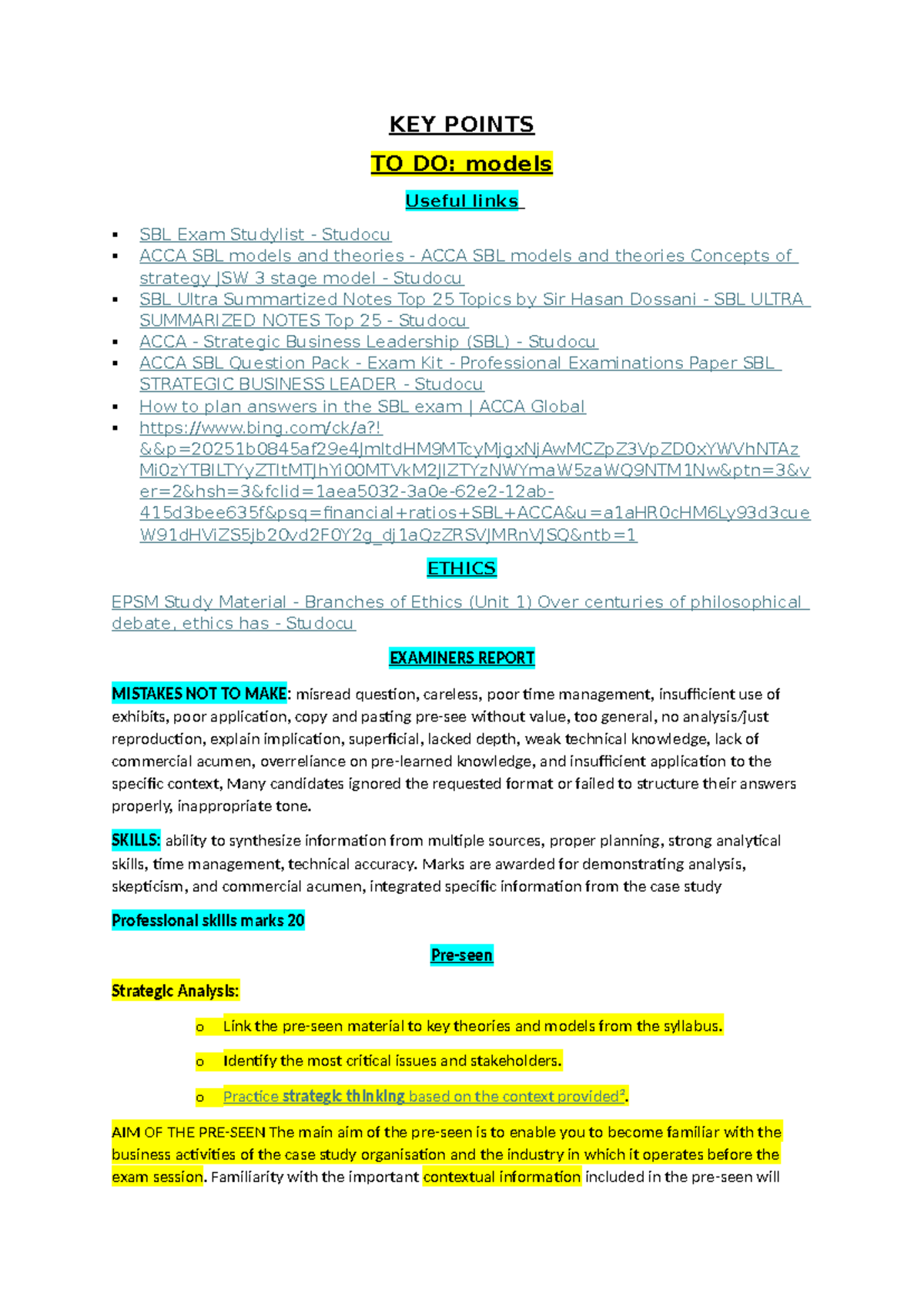 ACCA SBL Final Exam Key Notes and Essential Models Overview - Studocu