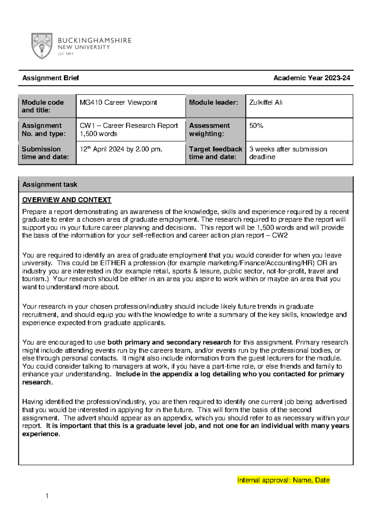 MG410 CW1: Career Research Report for Graduate Employment Planning ...