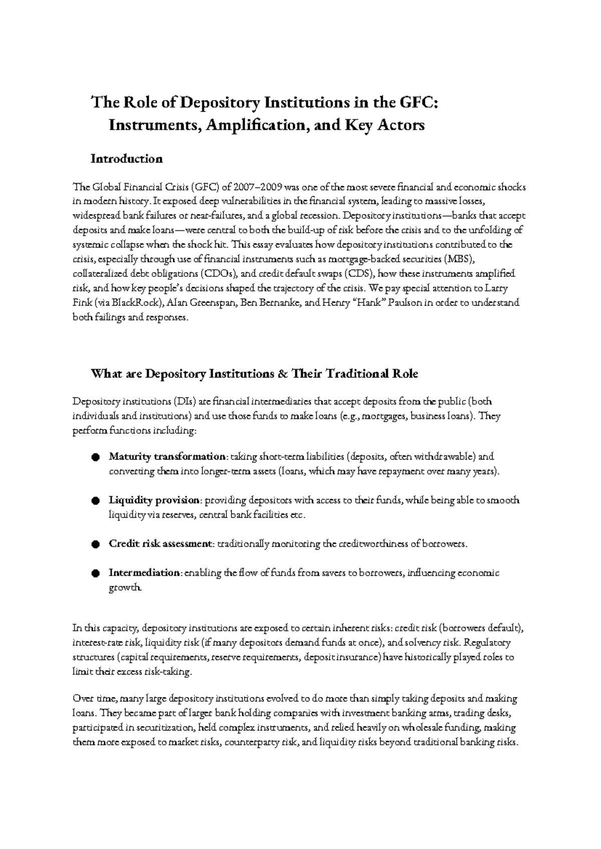 The Role of Depository Institutions in the GFC: Key Actors ...