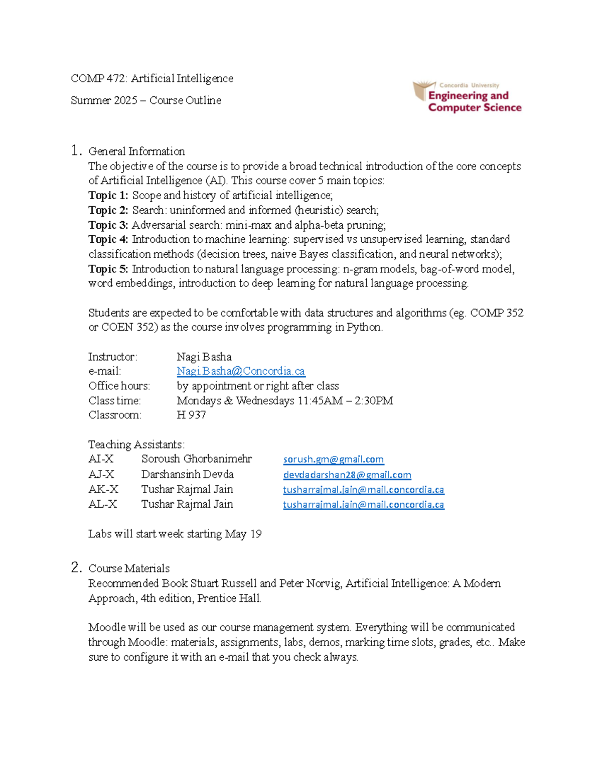 COMP 472: AI Summer 2025 Course Outline and Key Information - Studocu