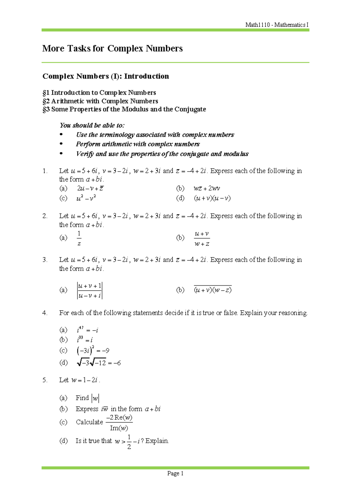 MATH1110 Complex Numbers Tasks - Math1110 - Mathematics I More Tasks ...