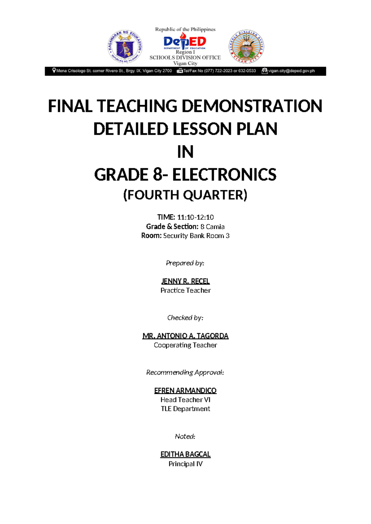 DLP Final Teaching Demonstration: Grade 8 Electronics Lesson Plan - Studocu