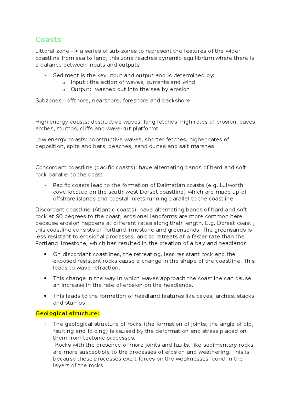 Coasts Notes: Features, Processes, and Landforms in Coastal Zones - Studocu