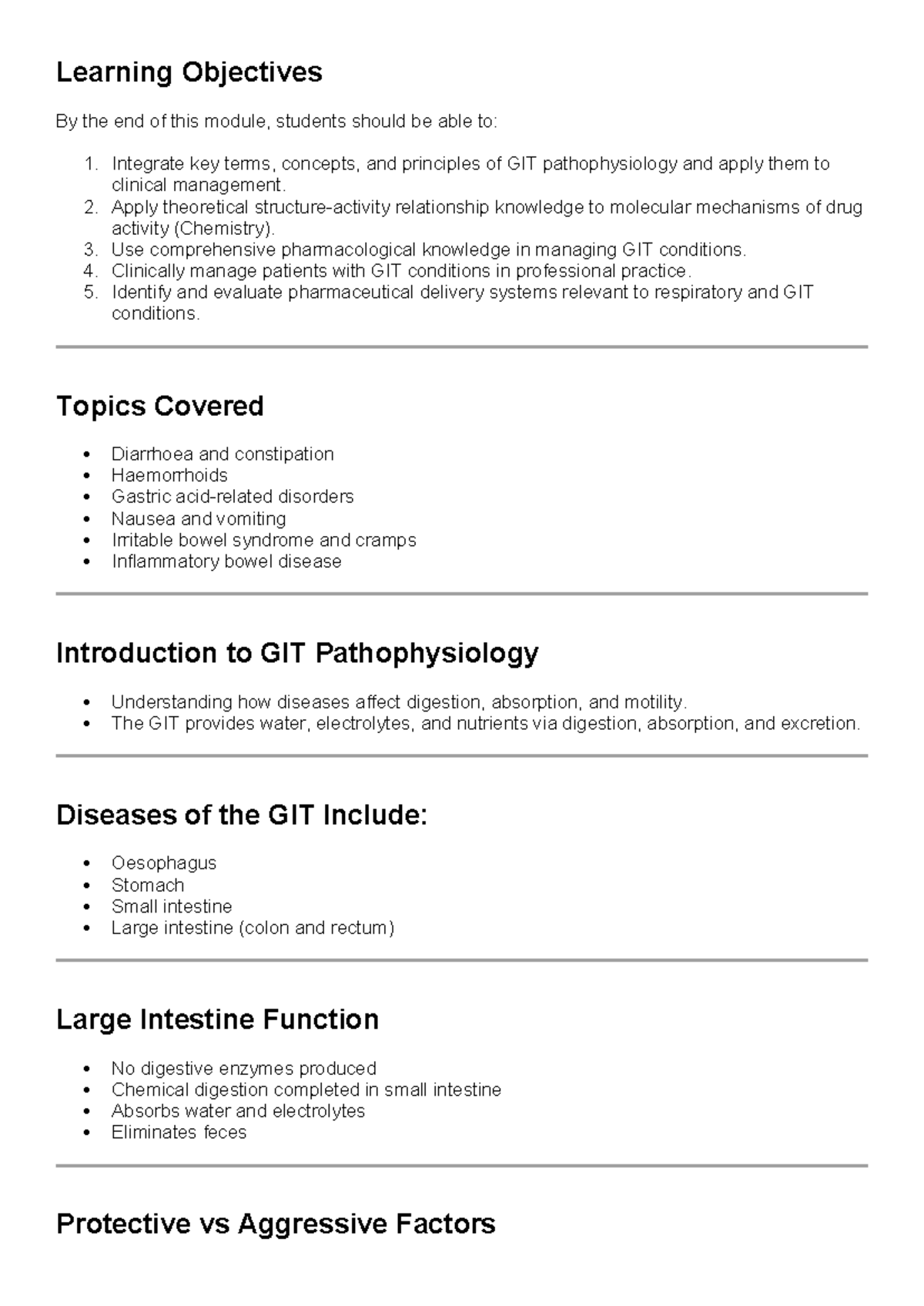 GIT 1 - Comprehensive Lecture Notes on GIT Pathophysiology and ...