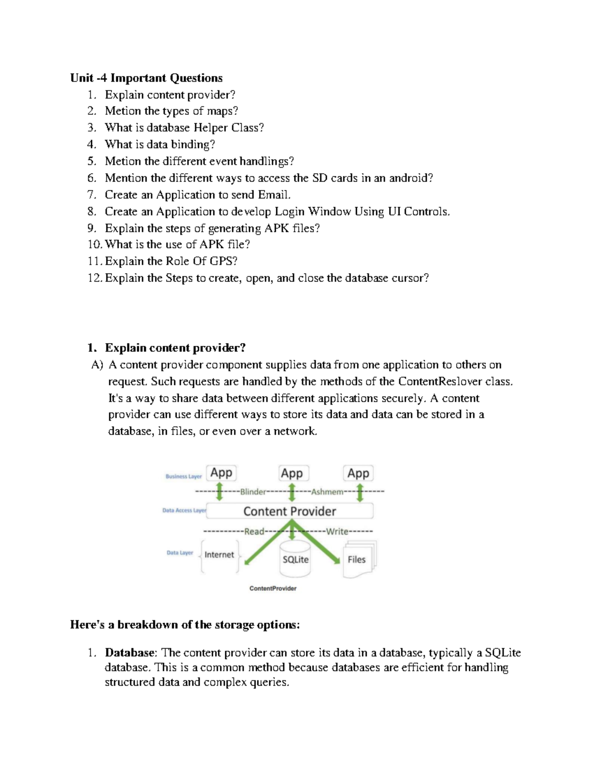 Unit 4 Important Questions for Android Development (CS101) - Studocu