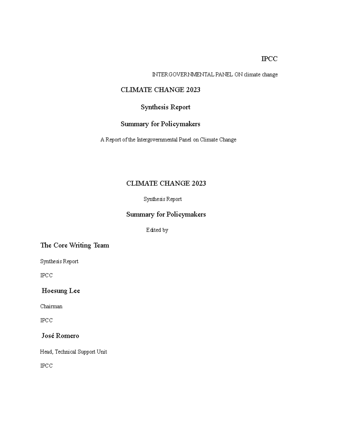 IPCC CLIMATE CHANGE 2023 Synthesis Report: Summary for Policymakers ...
