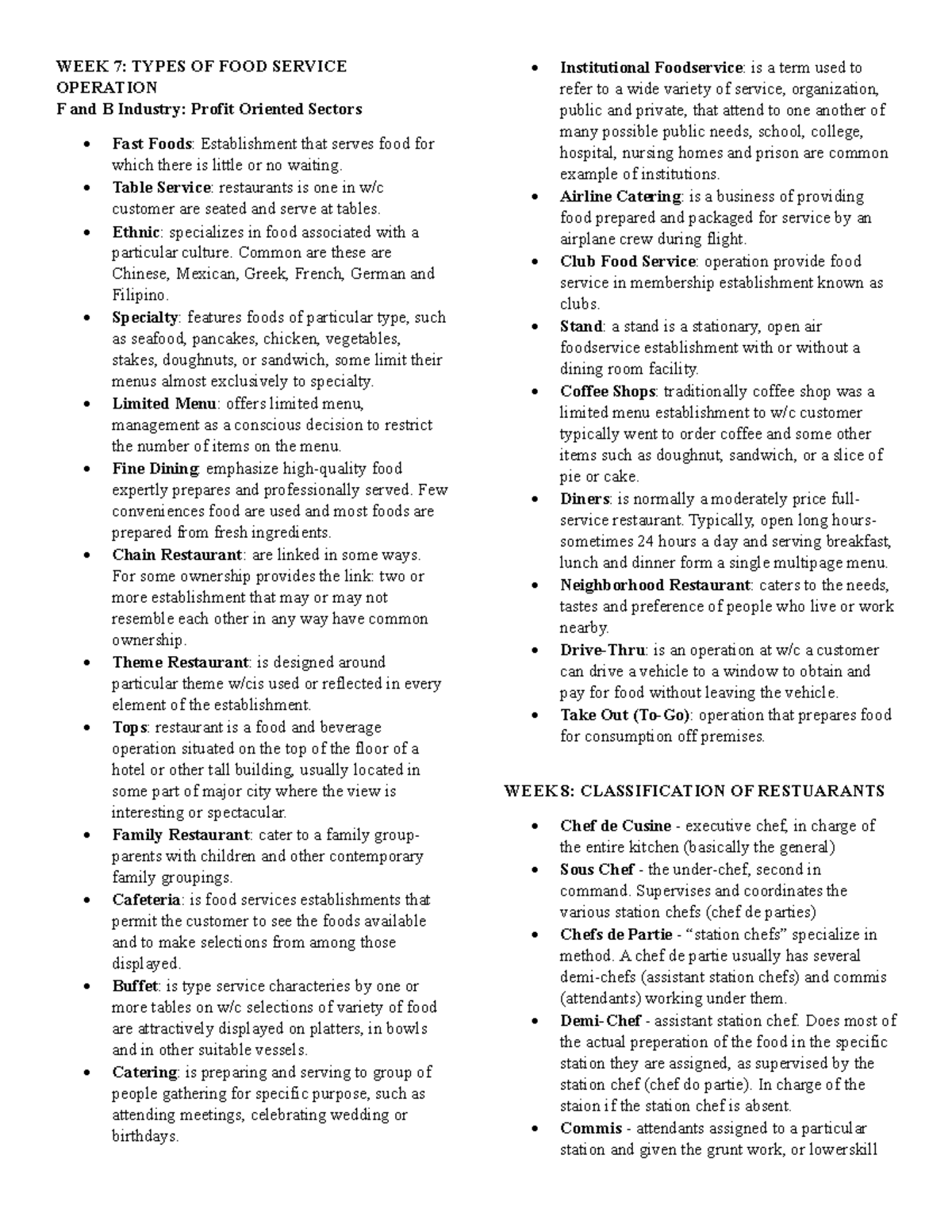 SFBS Reviewer: Week 7 & 8 - Food Service Operations & Restaurant ...