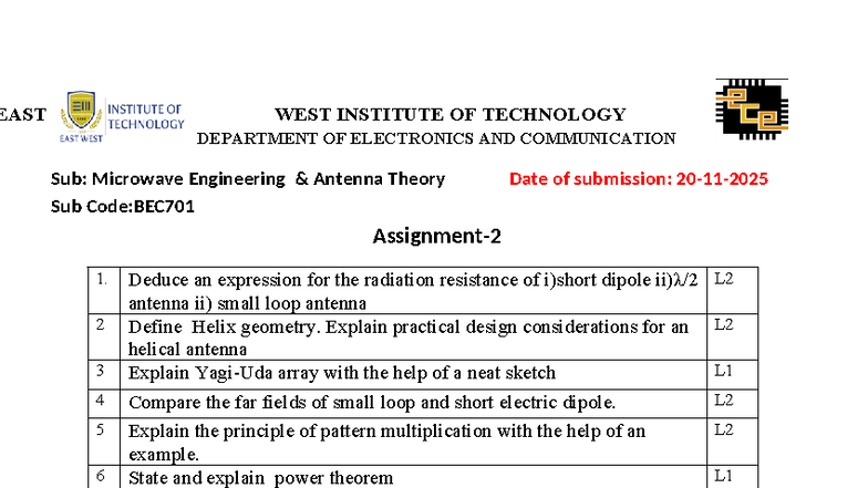BEC701 Microwave Engineering: Antenna Theory Assignment Notes - Studocu