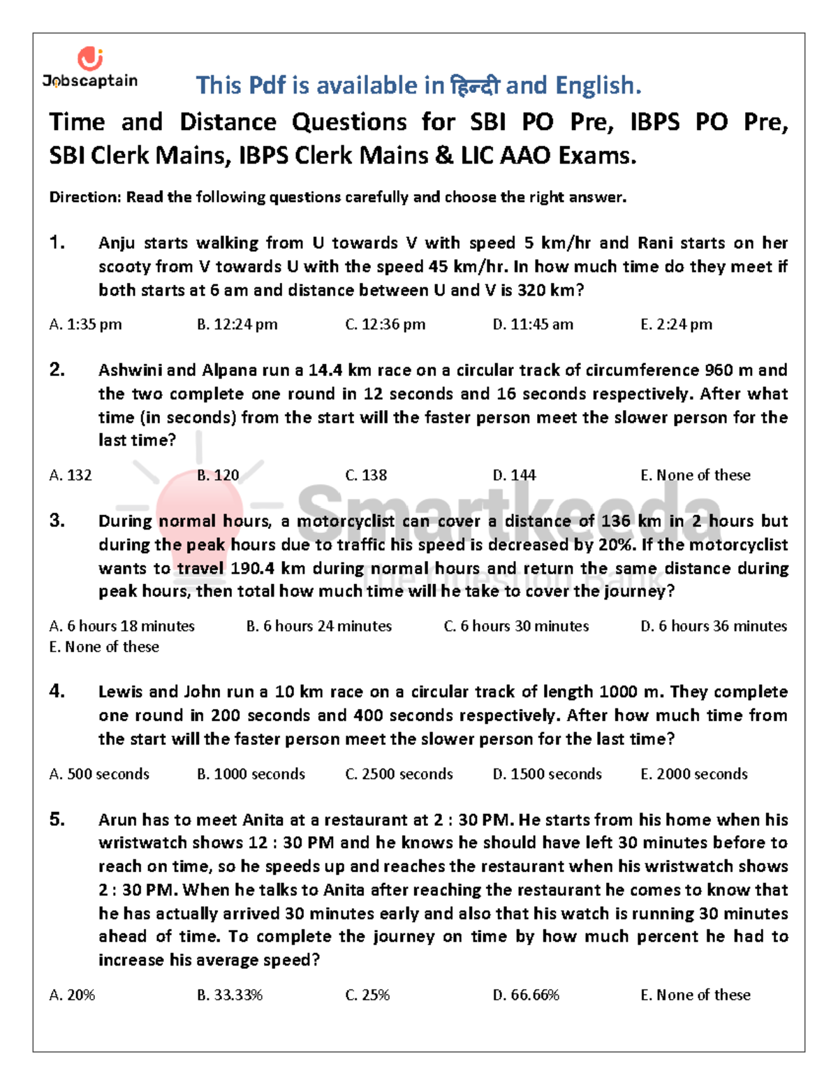 4 Time and Distance questions for bank po pdf - This Pdf is available ...