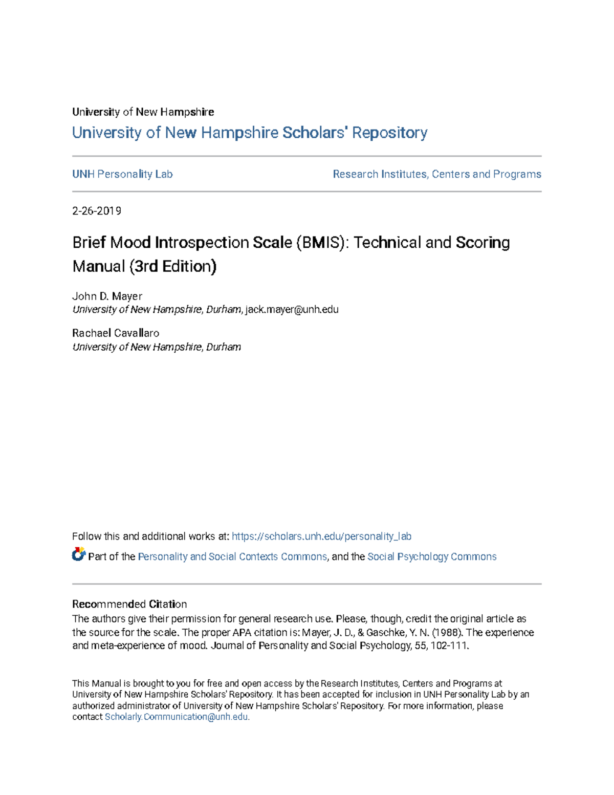BMIS Technical and Scoring Manual (3rd Ed.) - UNH - Studocu